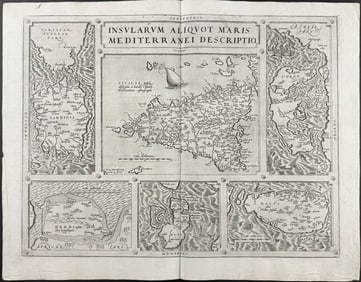 Ortelius, pub. 1580 - Map of Mediterranean Islands (Sicily, Sardinia, Corsica, Zerbi [Hawmat As