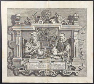 Mercator, pub. 1630 - Portraits of Mercator & Hondius with Globes & Map