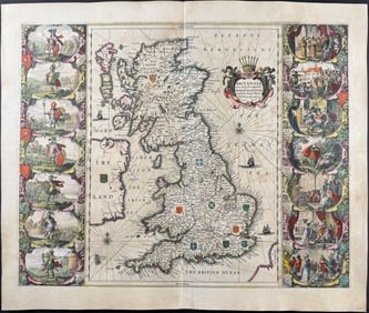 Jansson & Hondius, pub. 1656 - Map of England with Vignettes of Anglo-Saxon History (Scotland, part