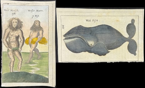 Seyfried, pub. 1694 -Pair of Engravings of Whale & Hairy Man Monster / Early Man