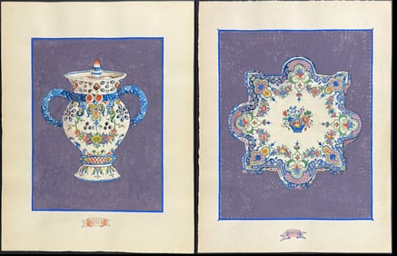 4 Original Watercolors of French Porcelain Home Designs