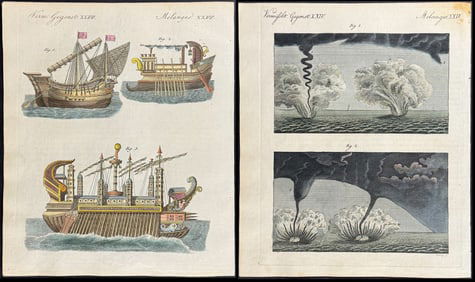 Bertuch - 3 Engravings of Ship, Planets with Rings, Water Funnels or Tornadoes
