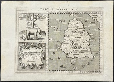 Magini's Ptolemy, pub. 1596 - Map of Taprobana, Island in Sumatra, with inset of Elephant