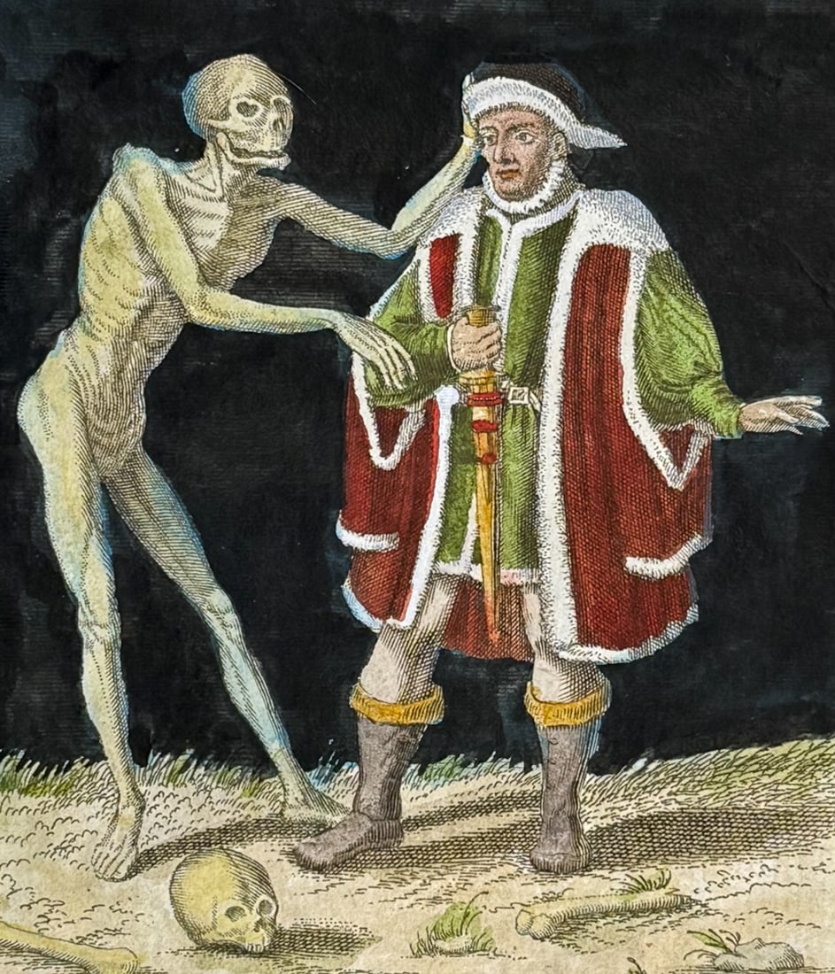 Merian - Dance of Death. 31: This rare and early engraving is from Matthaus Merian's La danse des morts .. Todten-Tanz, wie derselbe in der l?bl. u. Welt-ber?hmten Stadt Basel .. zu sehen ist or The Dance of the Dead... The Dance