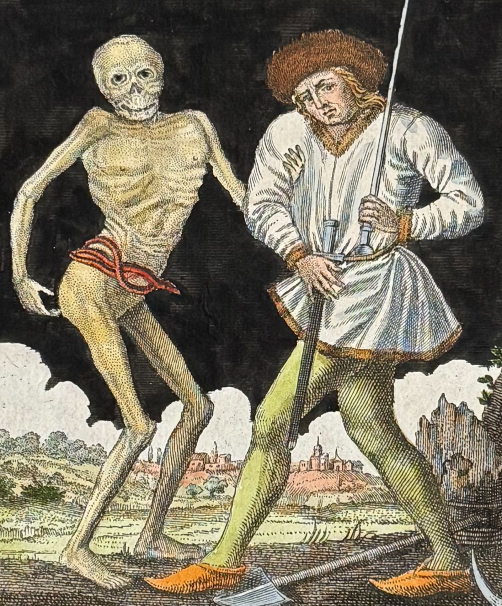 Merian - Dance of Death. 61: This rare and early engraving is from Matthaus Merian's La danse des morts .. Todten-Tanz, wie derselbe in der l?bl. u. Welt-ber?hmten Stadt Basel .. zu sehen ist or The Dance of the Dead... The Dance