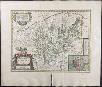 Jansson & Hondius, pub. 1656 - Map of Nuremberg, Germany with Inset of the City View