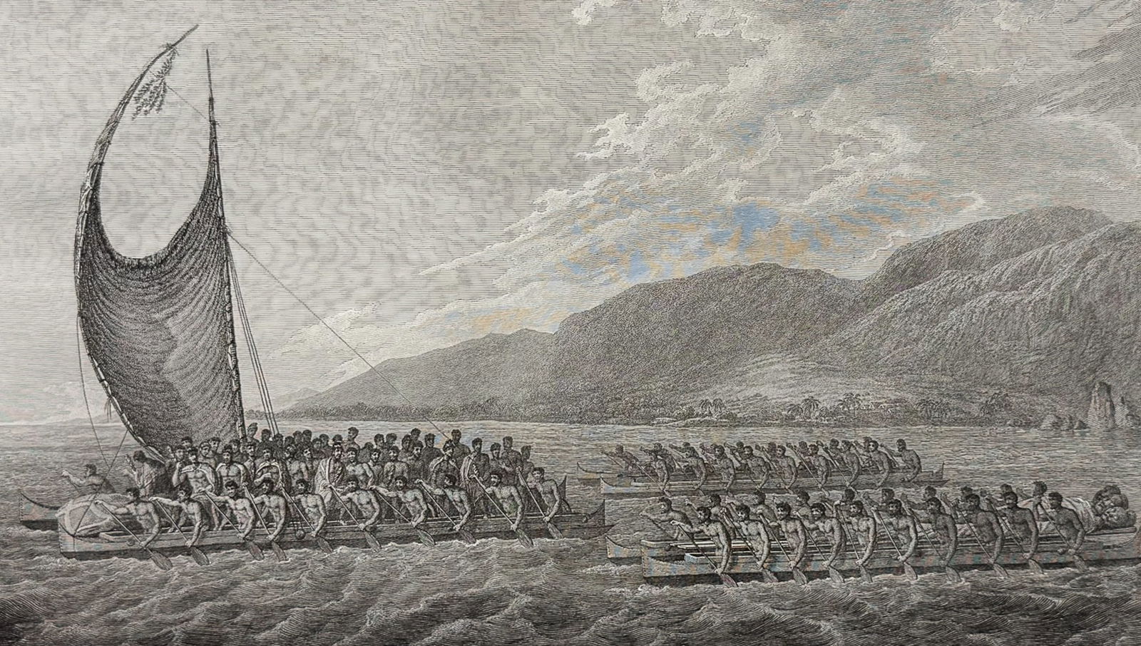 Cook, Folio - Tereoboo, King of Owyhee, bringing Presents to Captain Cook (Hawaii or Sandwich: This fascinating folio engraving is from Captain James Cook & James King's A Voyage to the Pacific Ocean, for making Discoveries in the Northern Hemisphere. To determine the Position and Extent of the