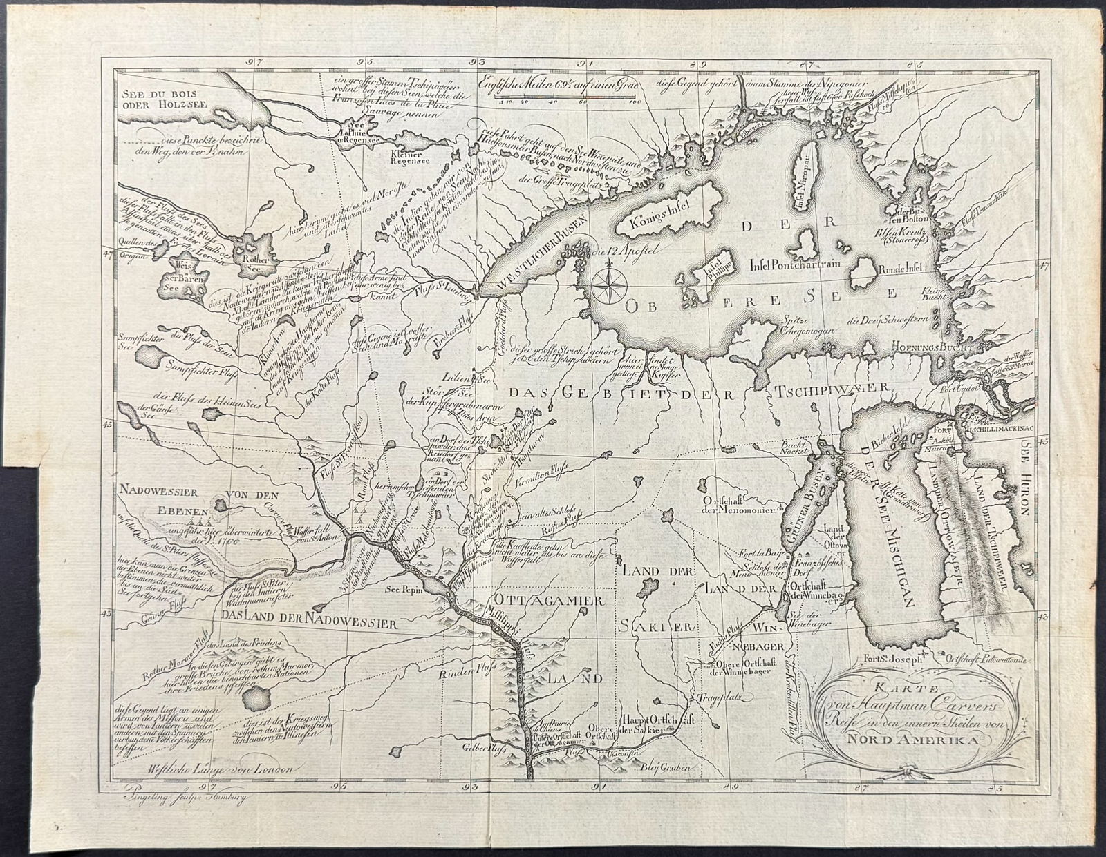 Carver - Map of the Midwest, Great Lakes, Upper Mississippi River (A Plan of Captain Carver's (1 of 2)