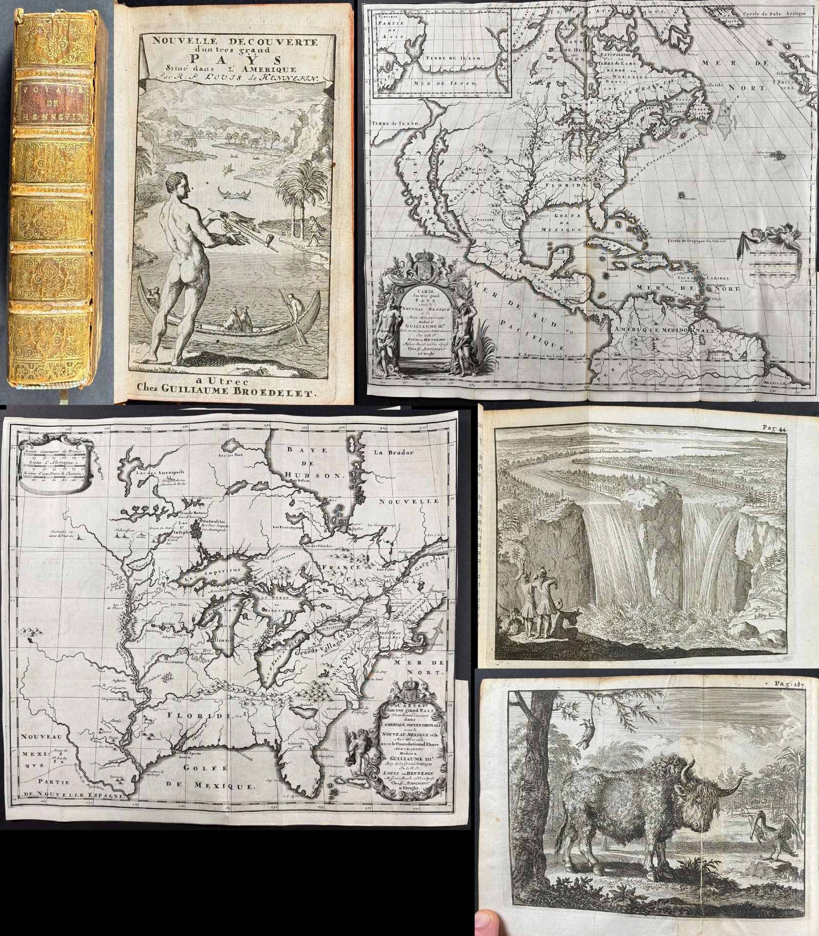 Hennepin's .. Amerique.. - Volume with Frontispiece, 2 Engravings & 2 Disbound Maps (1 of 12)
