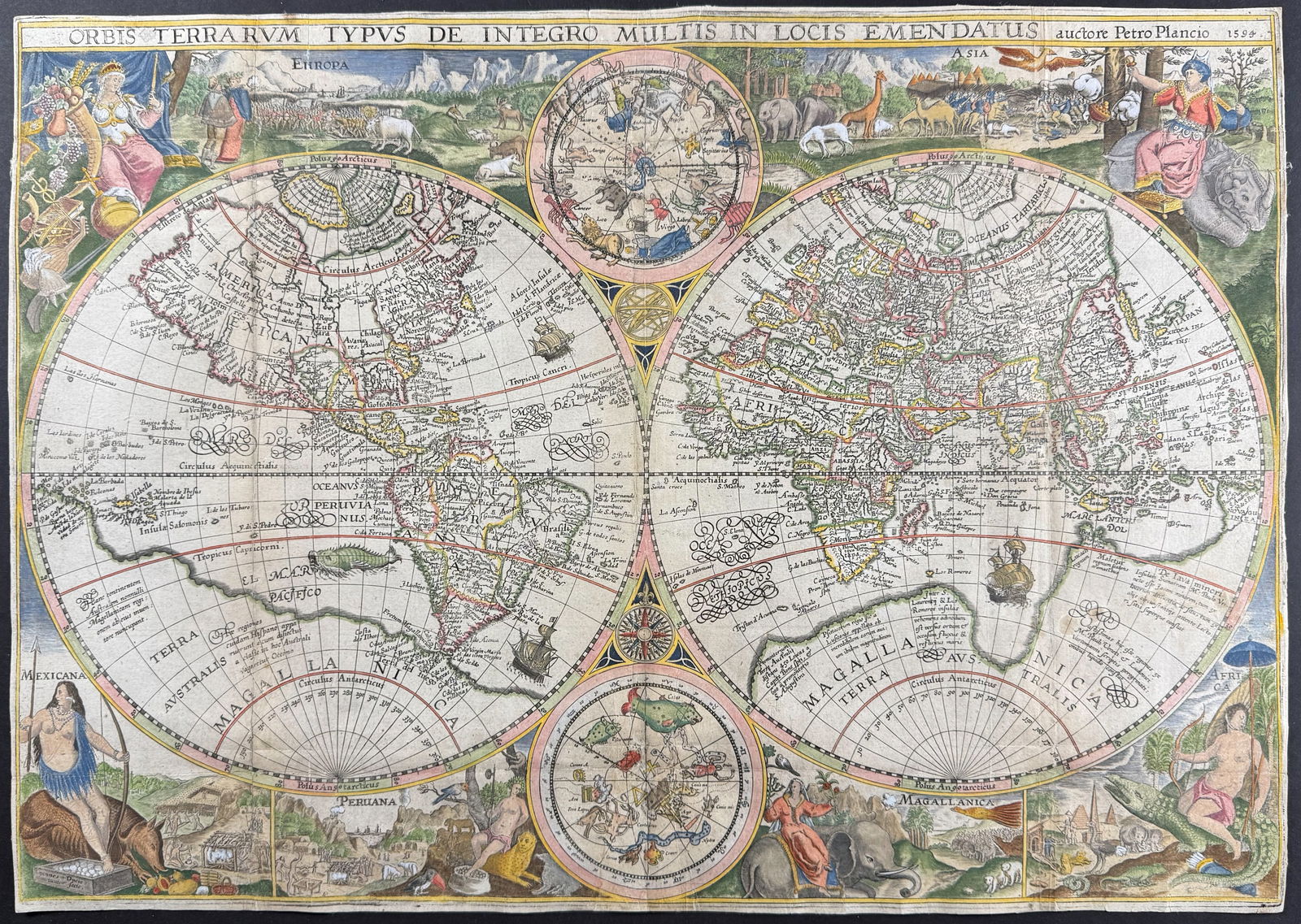 Linschoten - Map of the World by Petrus Plancius [Orbis Terrarum Typus De Integro Multis In Locis: About the map: This stunning world map was created by Petrus Plancius in 1594. It was originally issued on its own, but would begin being published with Linschoten's works beginning in 1599. Plancius