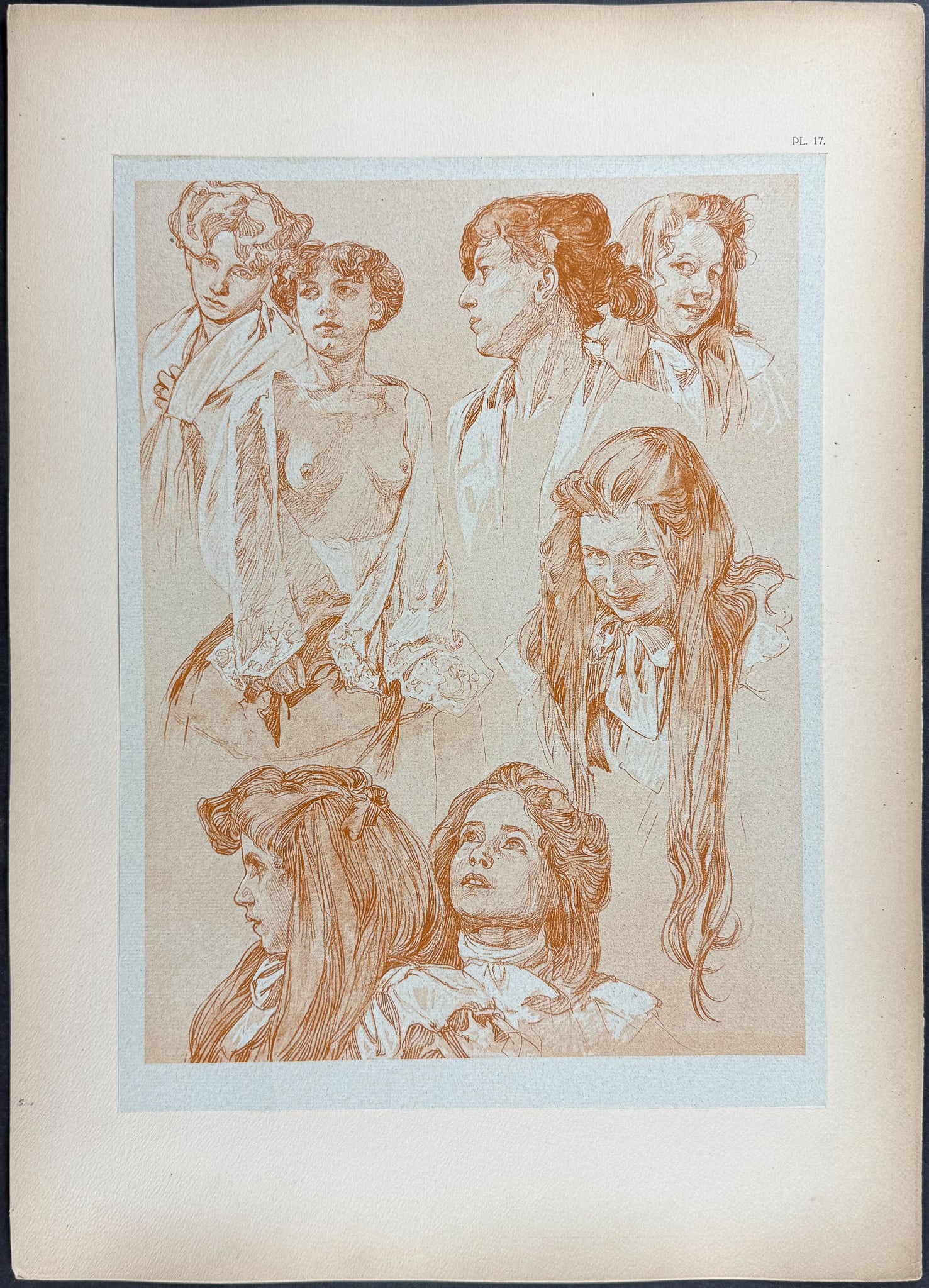 Mucha, Folio - Illustration of Women. 17: This stunning and rare lithograph is from Alphonse Mucha's Documents d?coratifs which was edited by Gabriel Mourey. The work was published in Paris by Librairie centrale des Beaux-Arts in 1902. The wo