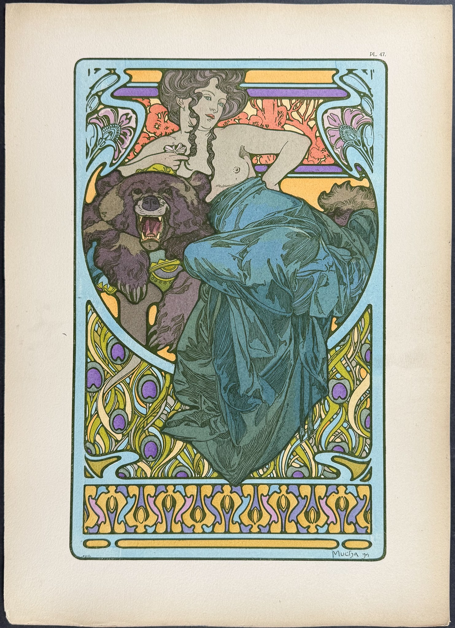 Mucha, Folio - Illustration of Topless Woman & Bear. 47: This stunning and rare lithograph is from Alphonse Mucha's Documents d?coratifs which was edited by Gabriel Mourey. The work was published in Paris by Librairie centrale des Beaux-Arts in 1902. The wo