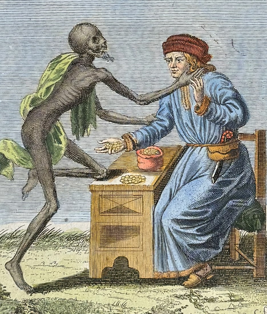 Merian - Dance of Death Engraving. 51: This rare and early engraving is from Matthaus Merian's La danse des morts .. Todten-Tanz, wie derselbe in der l?bl. u. Welt-ber?hmten Stadt Basel .. zu sehen ist or The Dance of the Dead... The Dance