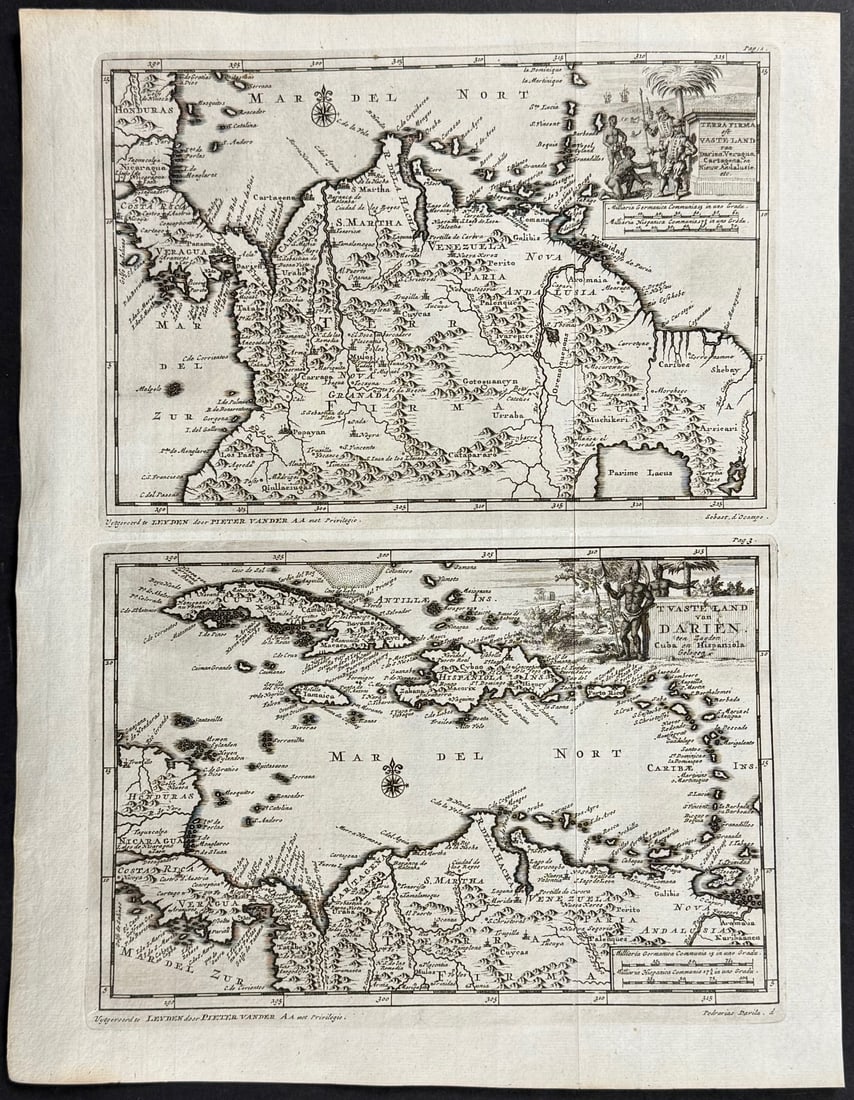 Van der Aa - Map of Northern South America / Map of West Indies or Antilles Islands: This rare historic engraving is by Pieter van der Aa's De Gedenkwaardige en al-om Beroemde Voyagien der Spanjaarden na West-Indien, Namentlijk in het Zuyder- en Noorder-Gedeelte van het eertijds onbek