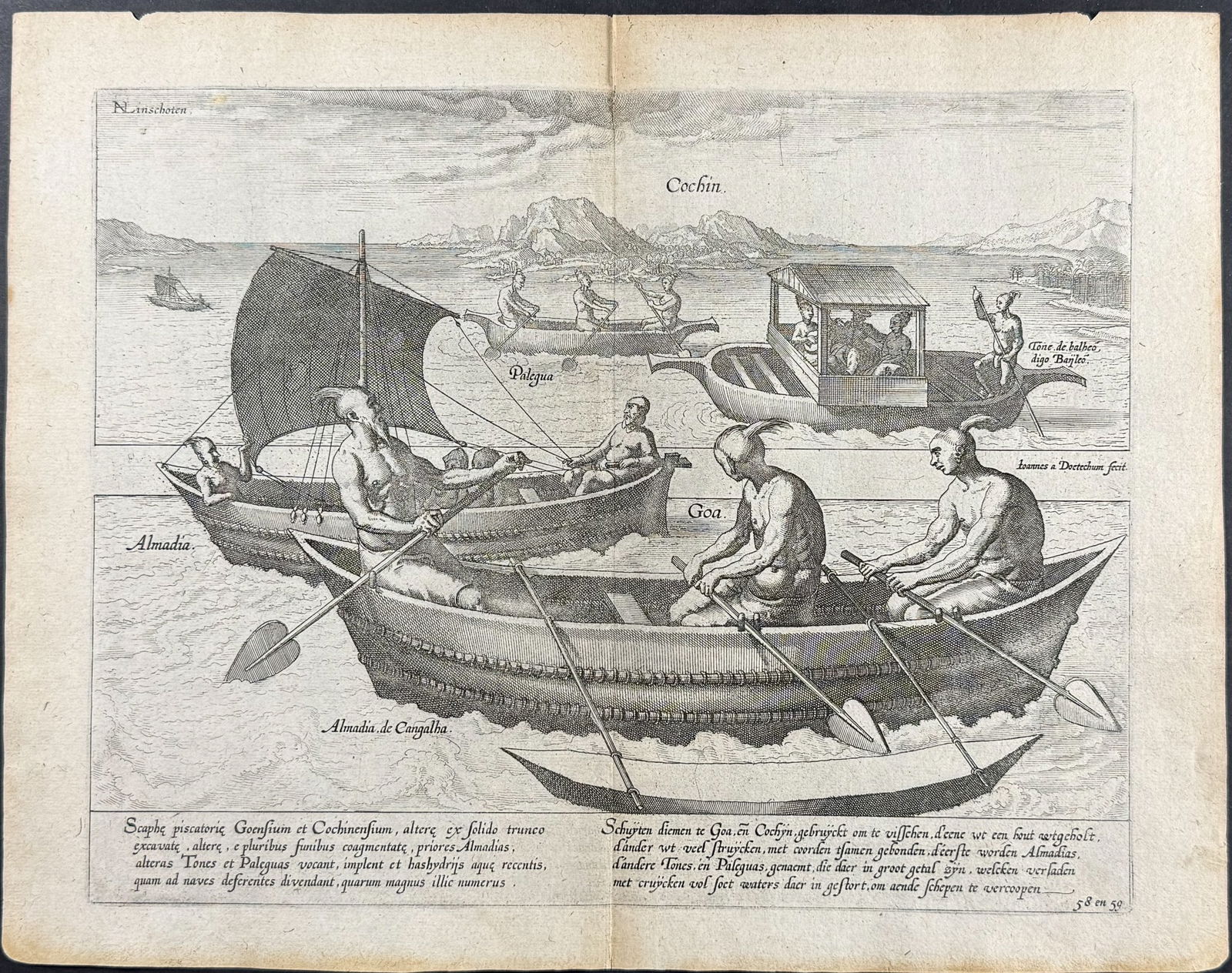 Linschoten - Fishing Boats in Goa: This exceptionally detailed, important engraving is from Jan Huygen van Linschoten's Histoire de la Navigation aux Indes Orientales... Le Grand Routier de Mer... Description de l'Amerique or Navigatio