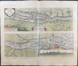 Jansson & Hondius, pub. 1656 - Map of the Elbe River with inset of Hamburg, Germany