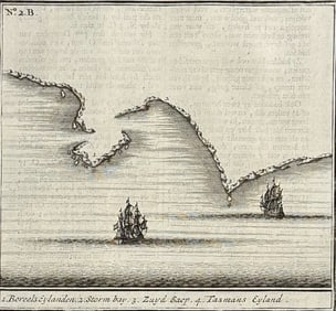 Valentijn - Rare, Early View of Tasmania, Australia or New Holland (1. Boreels Eylanden, 2. Storm