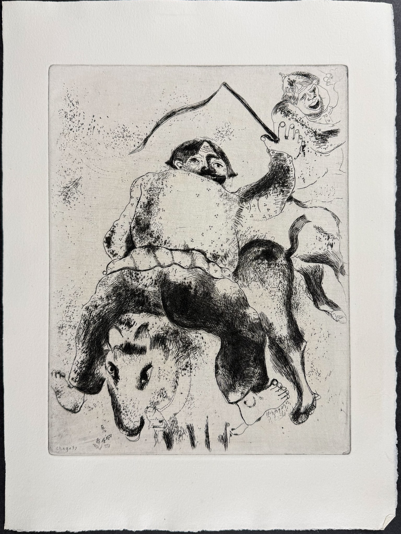 Chagall - Father Mitiai and Father Miniai - Le Pere Mitiai et le Pere Miniai: This beautifully illustrated, original etching by Marc Chagall was part of Nikolai Gogol's Les Ames Mortes. The work was published in Paris by Teriade in 1948. This was a limited edition of 368 copies