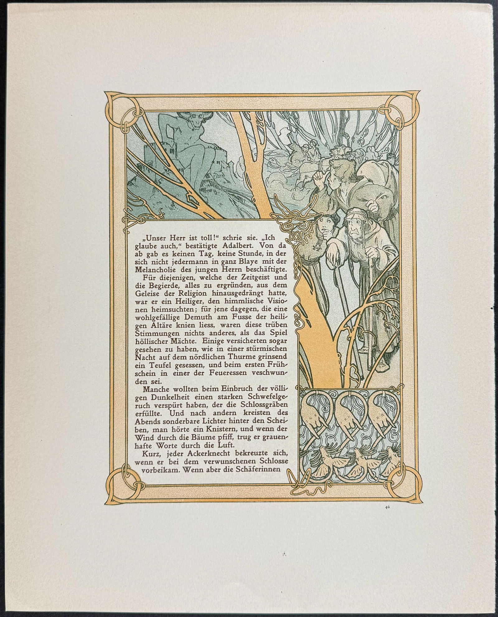 Mucha - 6 Ornately Illustrated Pages with Image and Text to each side: This attractive color lithograph is by Alphonse Mucha as part of the work by Robert de Flers entitled Ilsee, Princess of Tripoli. The work was published in Paris by by L'Edition d'Art & H. Piazza in 1