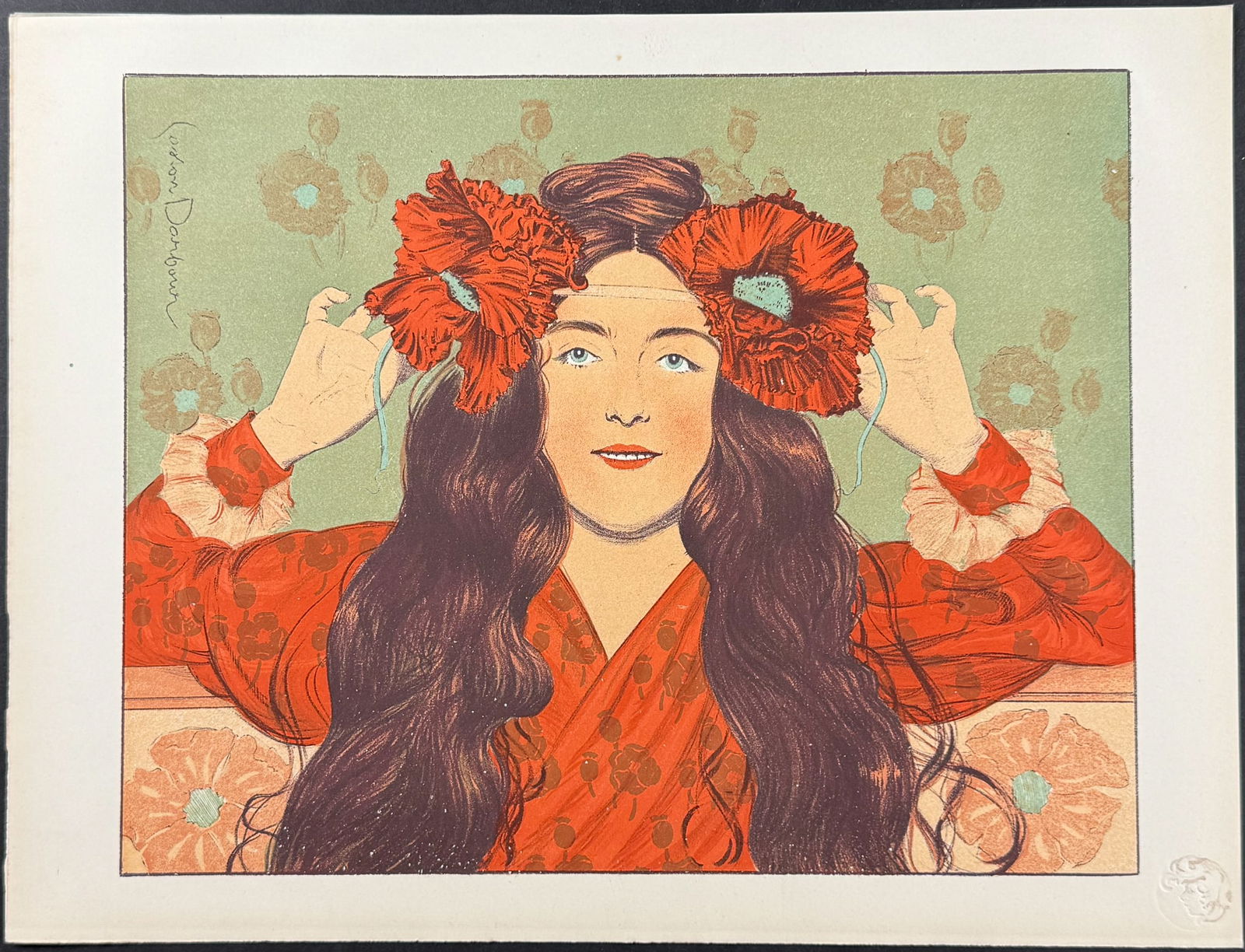 L'Estampe Moderne by Darbour - Jeune Fille aux Coquelicots: This beautifully illustrated, lithographed poster is from L?Estampe Moderne. The work was published by one of the best printers of the day, Champenois. The lithographs were printed under the supervisi
