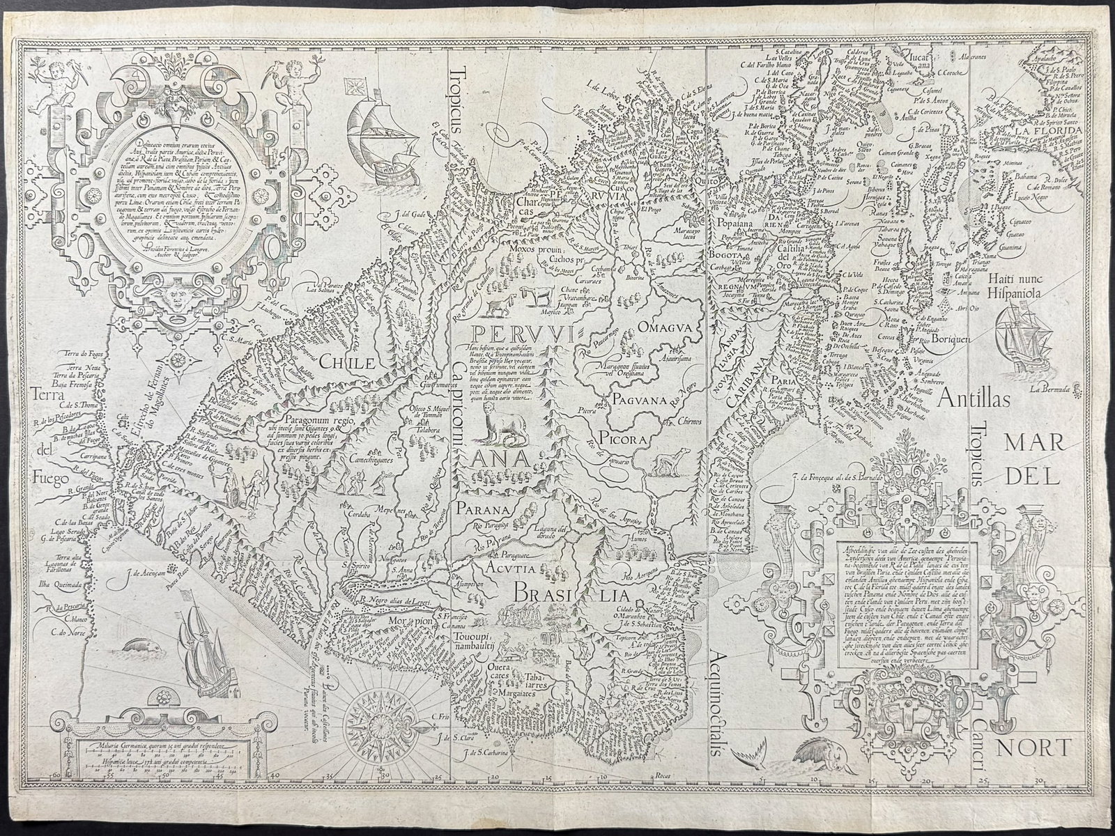 Linschoten - Map of South America (Part of Florida and West Indies) [Delineatio omnium orarum totius (1 of 2)
