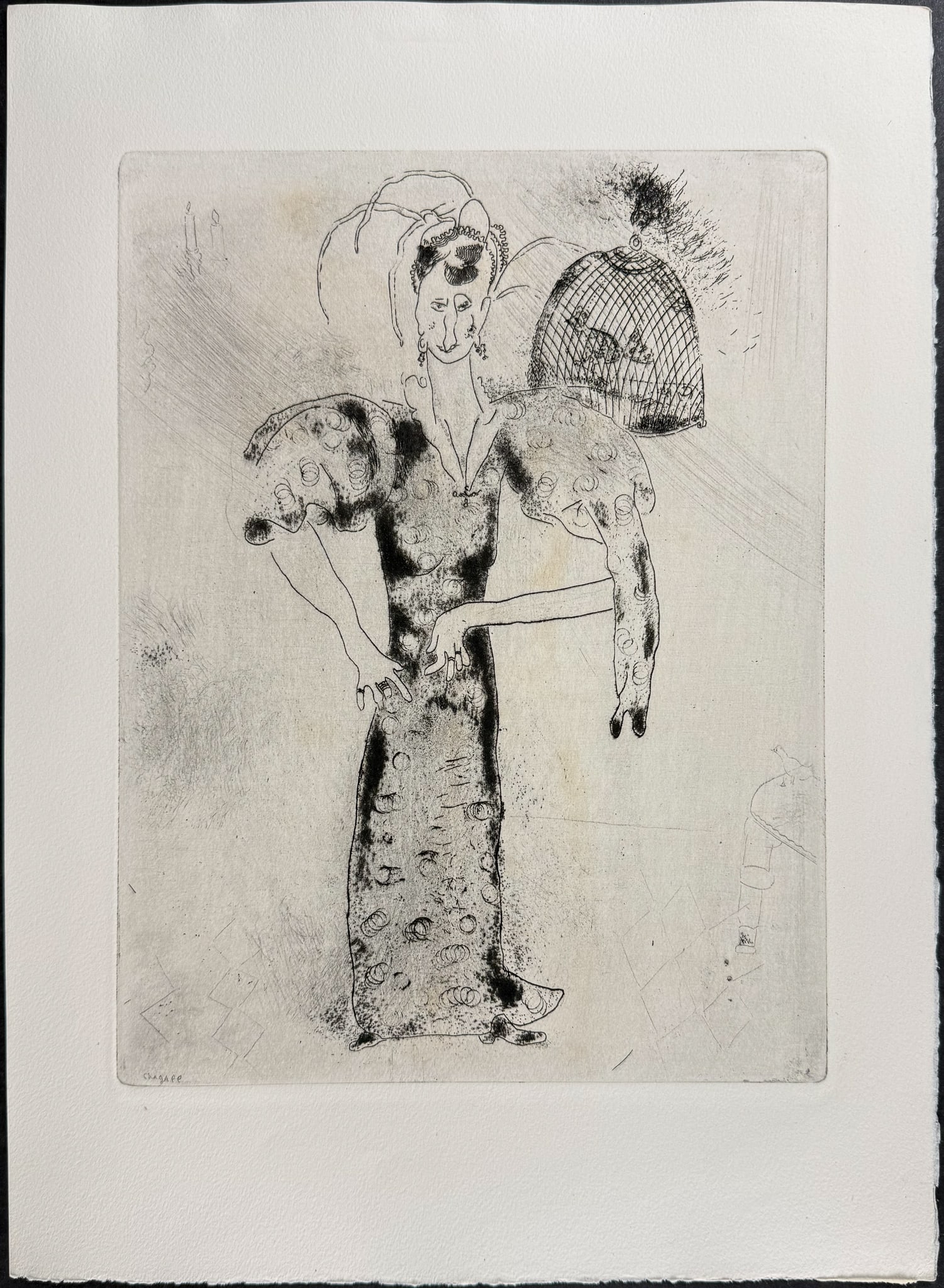 Chagall - Mrs. Sobakevitch - Madame Sobakevitch: This beautifully illustrated, original etching by Marc Chagall was part of Nikolai Gogol's Les Ames Mortes. The work was published in Paris by Teriade in 1948. This was a limited edition of 368