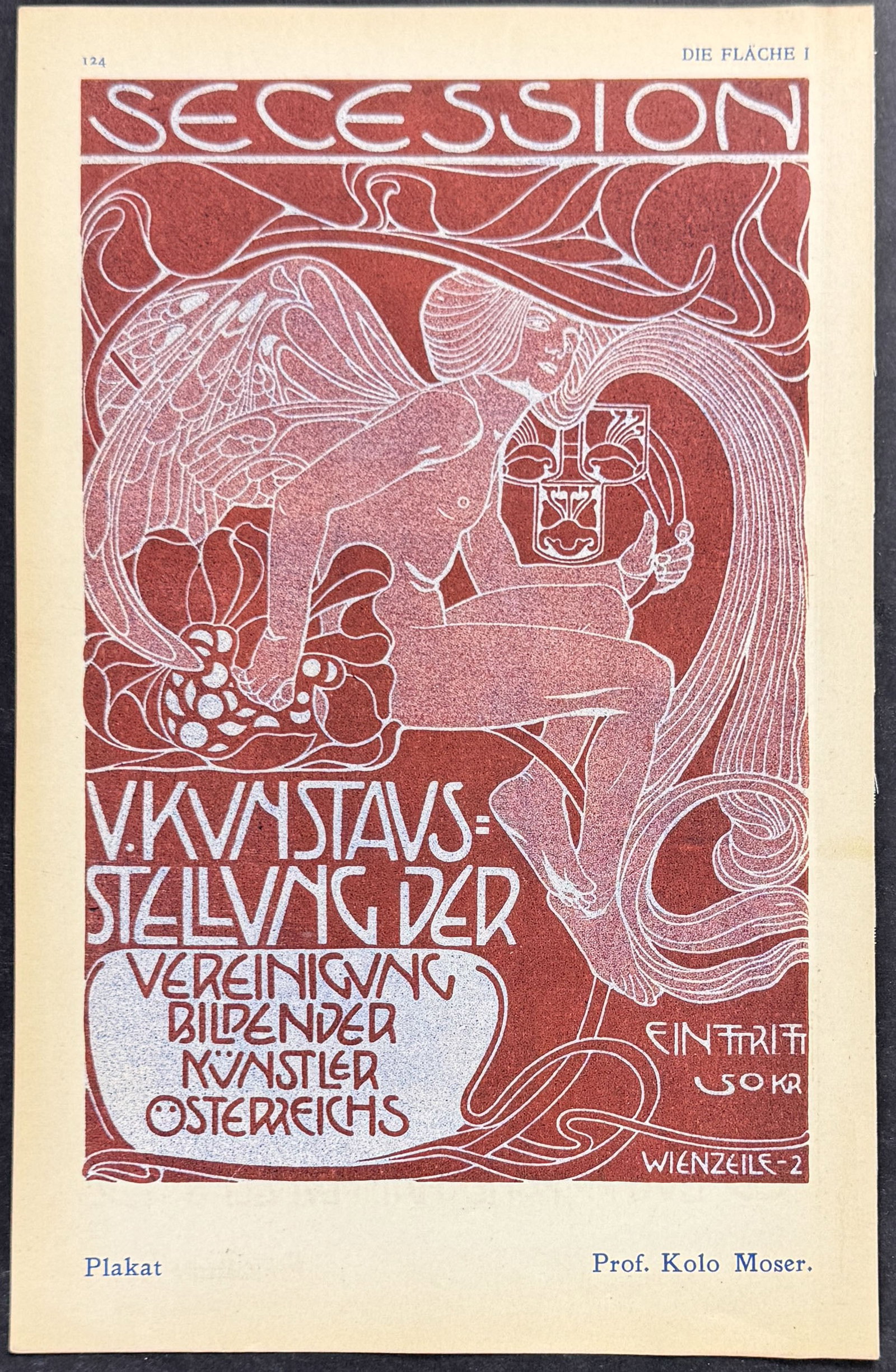 Die Flache - Nude Fairy or Winged Woman - Art Pochoir Illustration by Prof. Kolo Moser: This bold art pochoir is from the scarce publication of the Vienna Secession's magazine entitled Die Flache. The work was edited by Felicien Myrbach and published by Schroll between 1902 and 1903. The