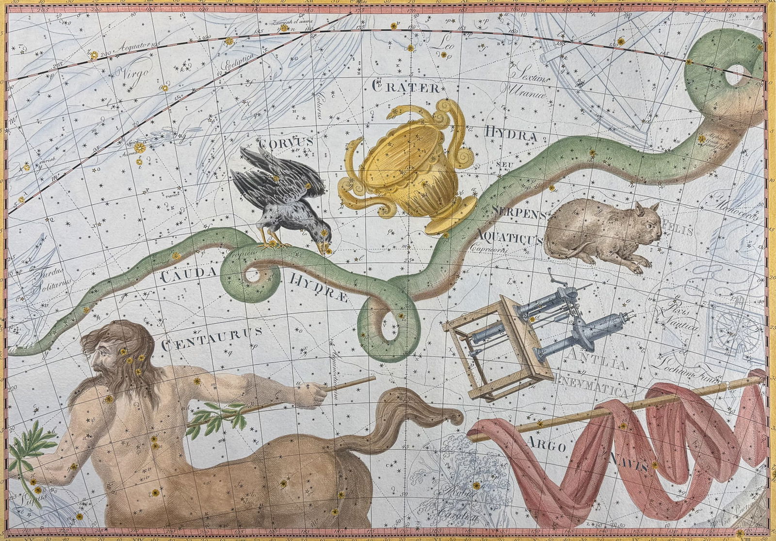 Bode, Elephant Folio - Constellation Chart: Hydra, Centaurus, Corvis, Crater, Argo Navis. 19: This remarkable elephant folio celestial engraving is from Johann Elert Bode's Uranographia sive astrorum descriptio. Sumtus commodante .. Fr. de Hahn. Atlas or Uranographia, or a Description of the