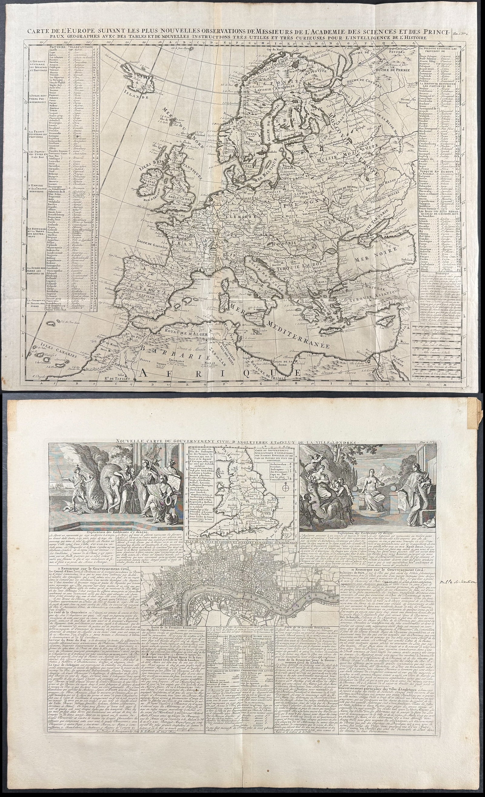Chatelain - Pair of Maps of Europe & England & London, Cultural Depictions: This historic engraving is from Henri Abraham Chatelain's Atlas Historique. The work was published by the author in Amsterdam between 1718 and 1720. The text was compiled by Gueudeville & Garillon.