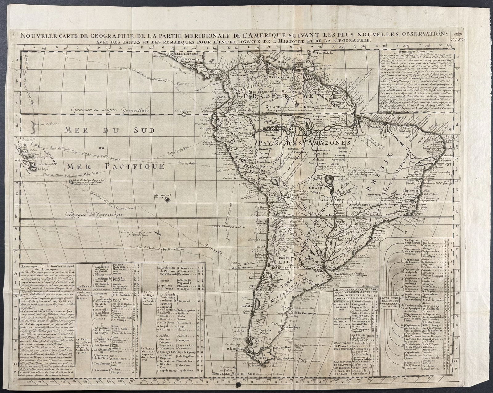 Chatelain - Map of South America: This historic engraving is from Henri Abraham Chatelain's Atlas Historique. The work was published by the author in Amsterdam between 1718 and 1720. The text was compiled by Gueudeville & Garillon.