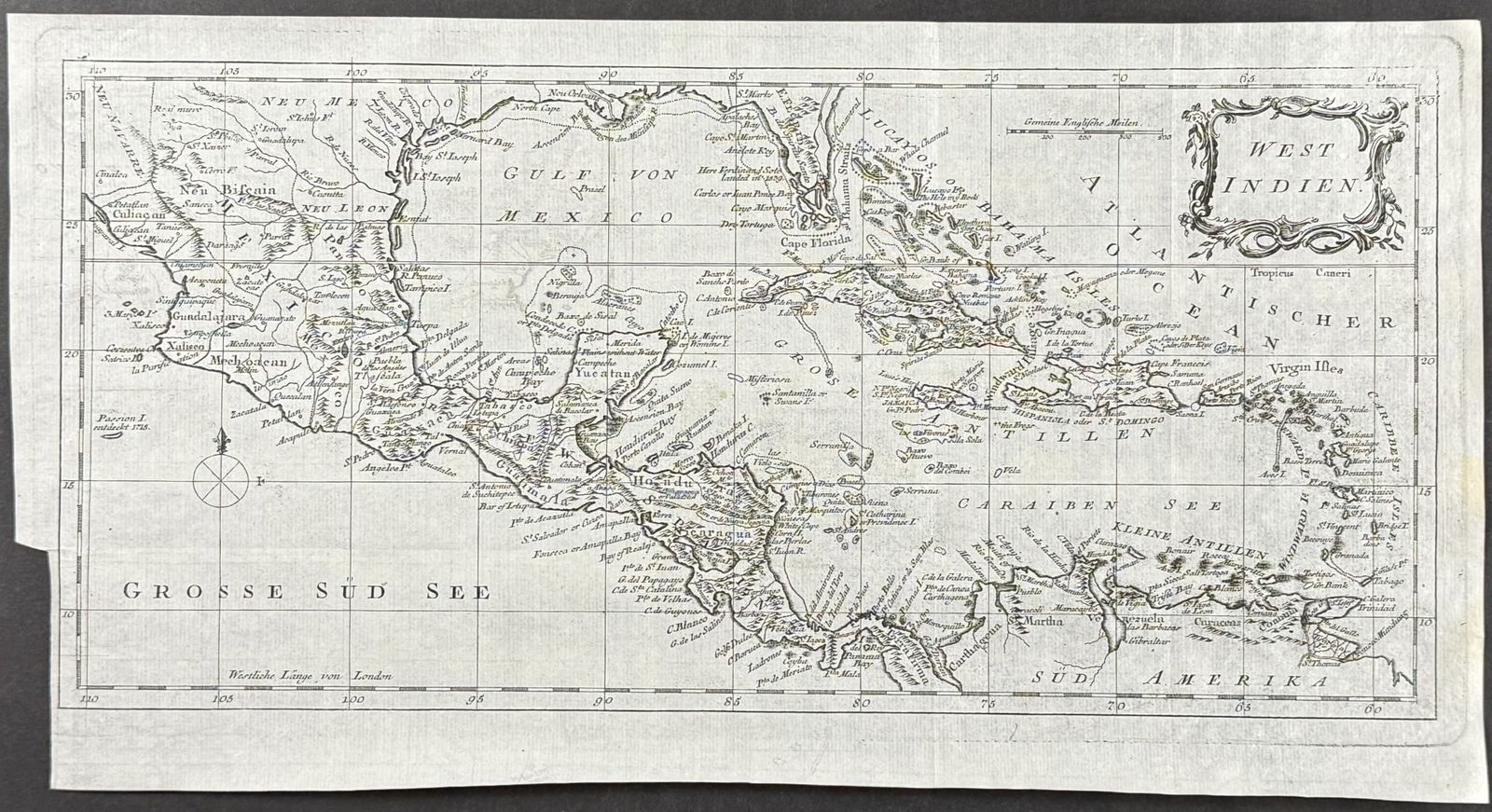 Marianus after Kitchin - Map of the West Indies: This antique map is from Joseph Marianus and was published in the 1700s in Germany. It was based upon the map of Thomas Kitchin. Paper Size: ~ 15 - 15 1/2" by 8" (Fold Out) Paper Type or Special