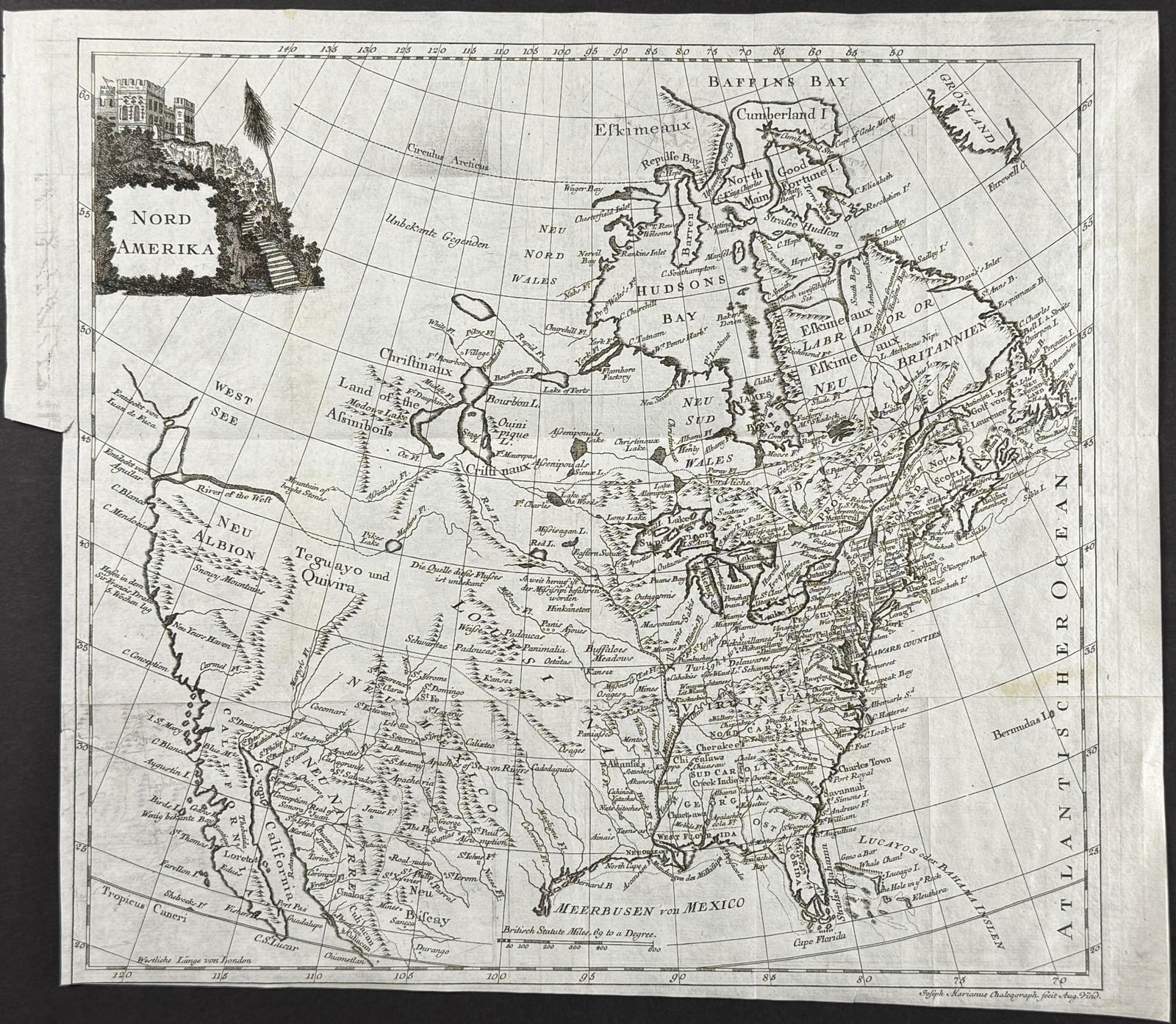 Marianus after Kitchin - Map of North America: This antique map is from Joseph Marianus and was published in the 1700s in Germany. It was based upon the map of Thomas Kitchin. Paper Size: ~ 15 - 15 3/4" by 13 1/2" (Fold Out) Paper Type or