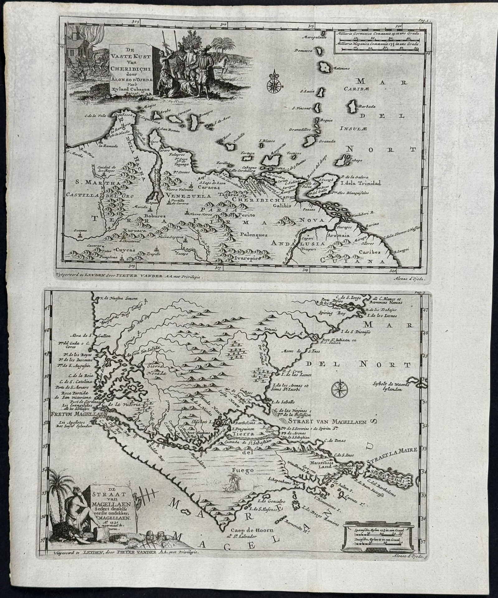 Van der Aa - Map of the Strait of Magellan / Map of NE South America: This rare historic engraving is by Pieter van der Aa's De Gedenkwaardige en al-om Beroemde Voyagien der Spanjaarden na West-Indien, Namentlijk in het Zuyder- en Noorder-Gedeelte van het eertijds