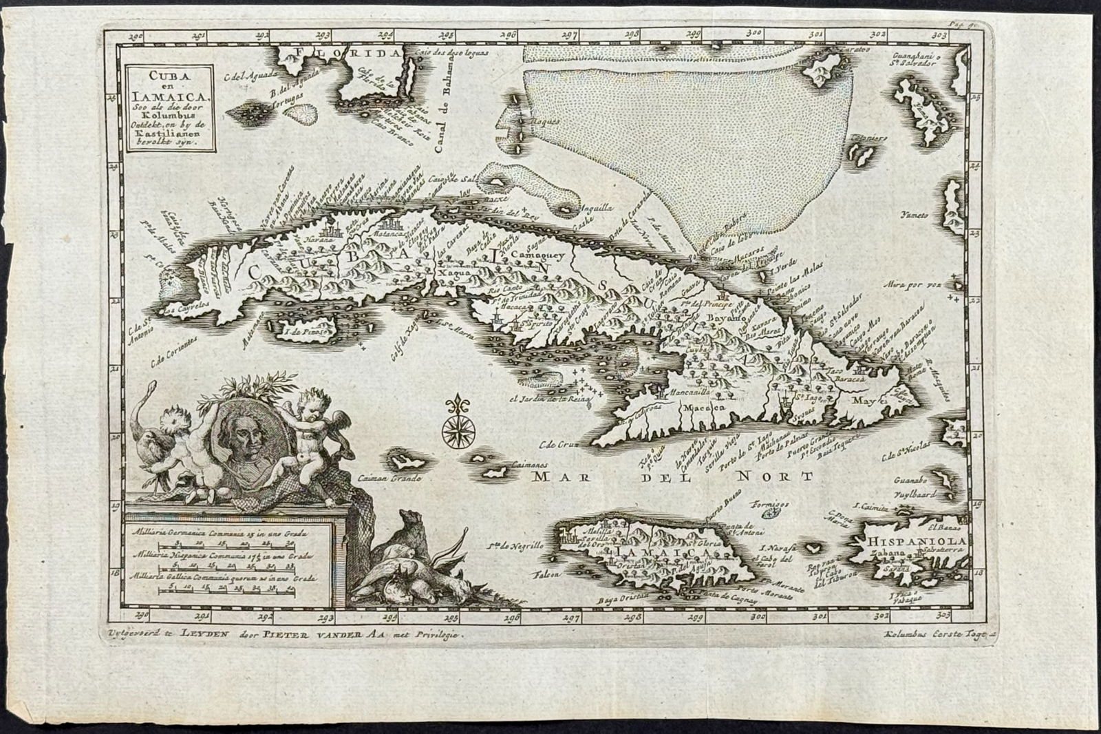 Van der Aa - Map of Cuba & Jamaica: This rare historic engraving is by Pieter van der Aa's De Gedenkwaardige en al-om Beroemde Voyagien der Spanjaarden na West-Indien, Namentlijk in het Zuyder- en Noorder-Gedeelte van het eertijds
