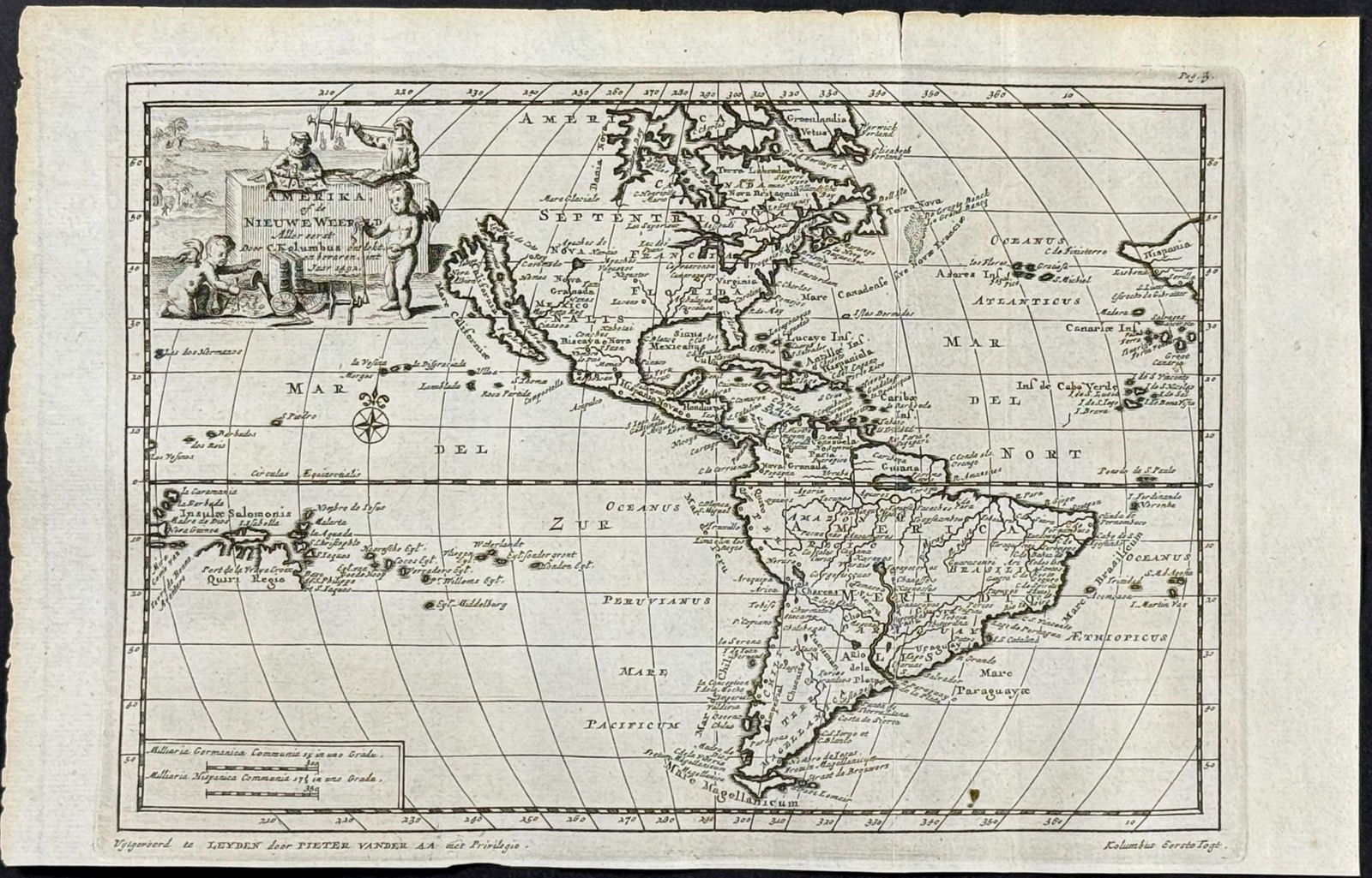 Van der Aa - Map of the Americas: This rare historic engraving is by Pieter van der Aa's De Gedenkwaardige en al-om Beroemde Voyagien der Spanjaarden na West-Indien, Namentlijk in het Zuyder- en Noorder-Gedeelte van het eertijds