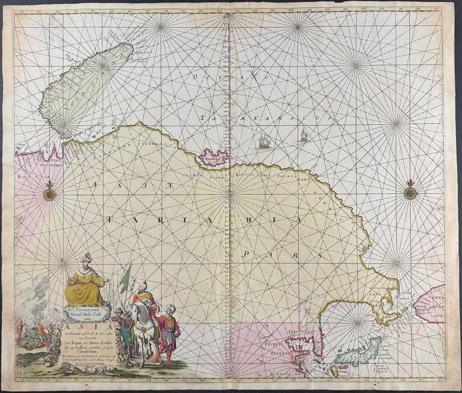 Van Keulen, Rare - Map of the Northeast Coast of Asia: This extraordinary, originally hand-colored map is from the exceedingly rare atlas from Johannes and Gerard Van Keulen entitled De Groote Nieuwe Vermeerderde Zee-Atlas ofte Water-Waerld. Vertoonende