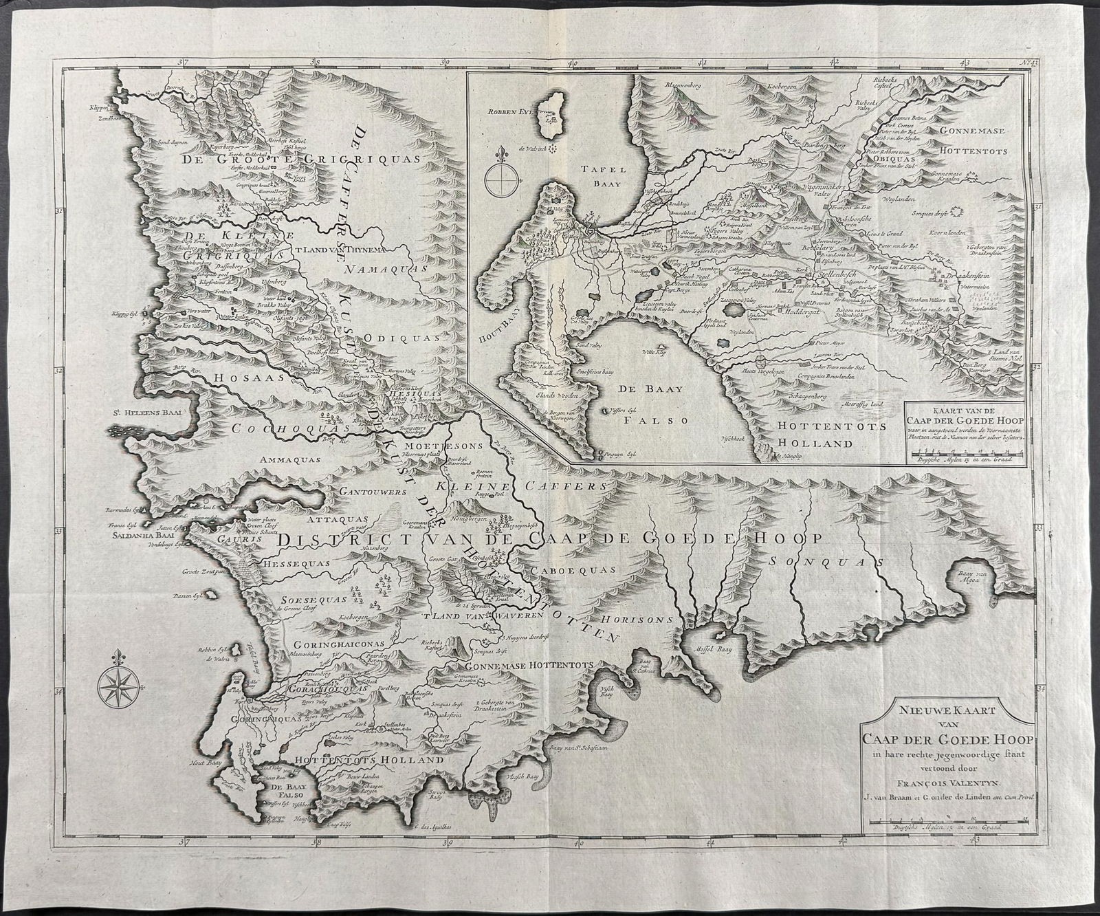 Valentijn - Map of the Cape of Good Hope, Africa: This remarkable engraving is from Francois Valentijn's Oud en Nieuw Oost Indien. The work was published between 1724 and 1726 in Dordrecht, Netherlands. The work described the history of the Dutch Eas