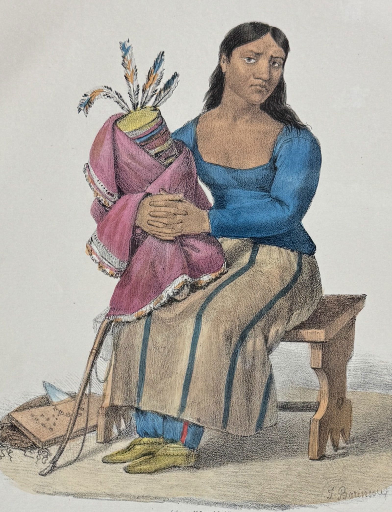 Lewis - Ta-Ma-Kake-Toke or The Woman that Spoke First, A Chippeway Squaw (Mourning): This originally hand-colored lithograph is from one of the rarest Indian works, James Otto Lewis?s The Aboriginal Portfolio. It was the first collection of portraits of North American Indians precedin