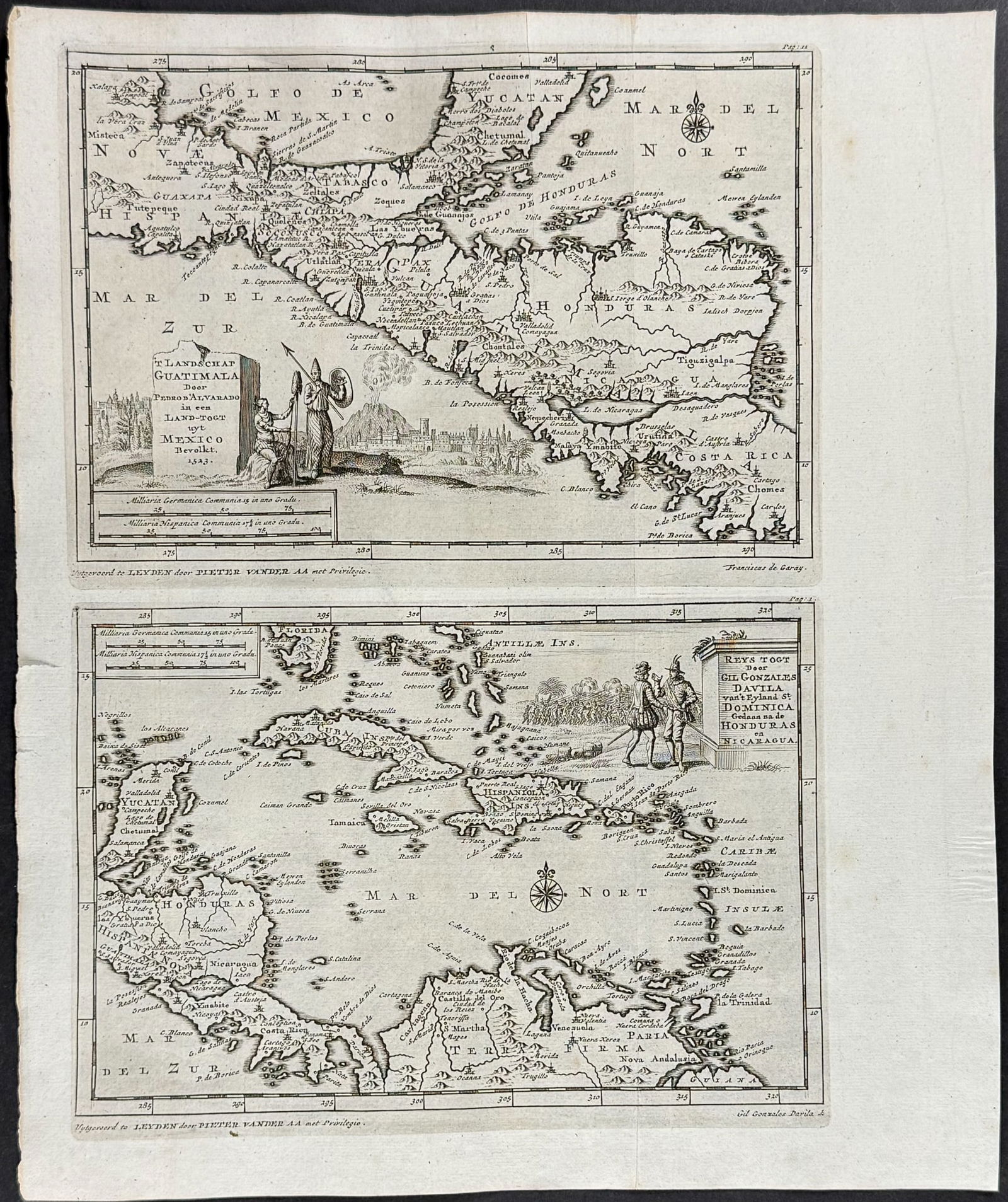 Van der Aa - Map of Guatemala & Mexico / Map of the West Indies, part of Florida & Central & South: This rare historic engraving is by Pieter van der Aa's De Gedenkwaardige en al-om Beroemde Voyagien der Spanjaarden na West-Indien, Namentlijk in het Zuyder- en Noorder-Gedeelte van het eertijds onbek