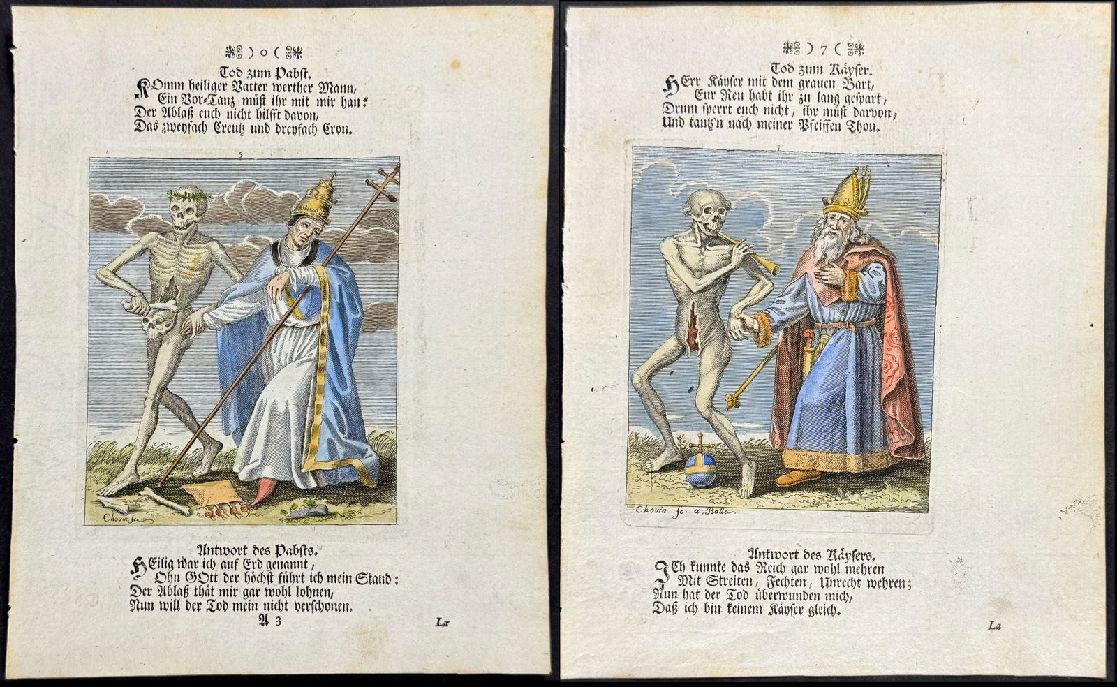 Merian - Pair of Dance of Death Engravings: This rare and early engraving is from Matthaus Merian's La danse des morts .. Todten-Tanz, wie derselbe in der l?bl. u. Welt-ber?hmten Stadt Basel .. zu sehen ist or The Dance of the Dead... The Dance