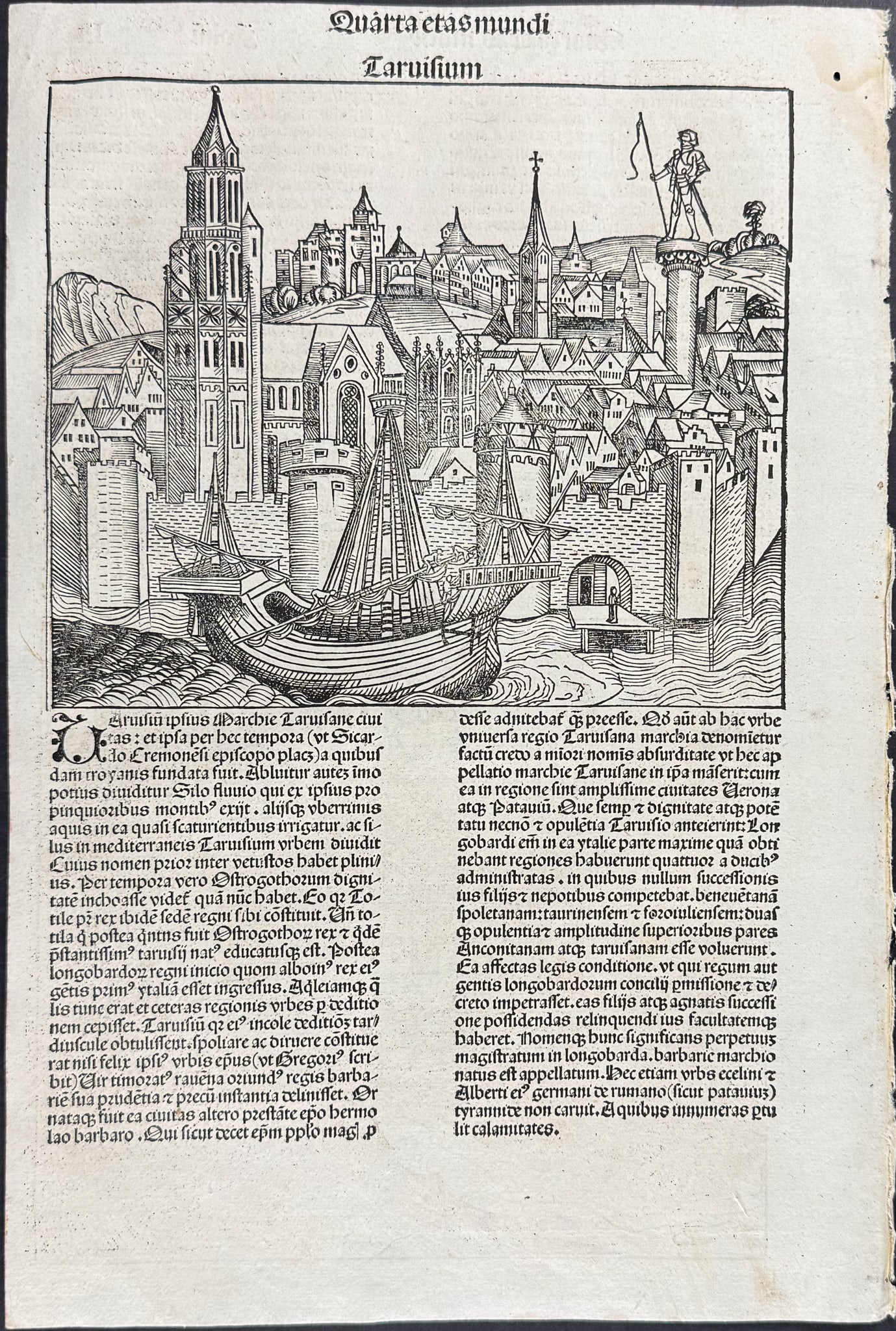 Schedel, pub. 1493 - View of Treviso, Italy / Verso: View of Aquileia, Italy: This important and historic engraving is from Hartmann Schedel Liber Chronicarum, more commonly known as the Nuremberg Chronicle. This is the first edition / printing of the work. It is the Latin edit