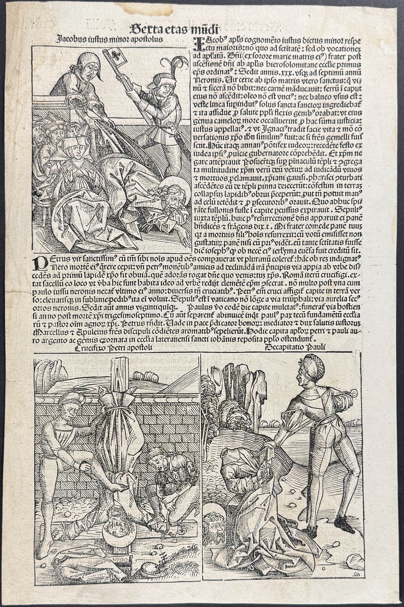 Schedel, pub. 1493 - Persecution of the Apostles including Jacob, Upside Down Crucifixion of Peter,: This important and historic engraving is from Hartmann Schedel Liber Chronicarum, more commonly known as the Nuremberg Chronicle. This is the first edition / printing of the work. It is the Latin edit