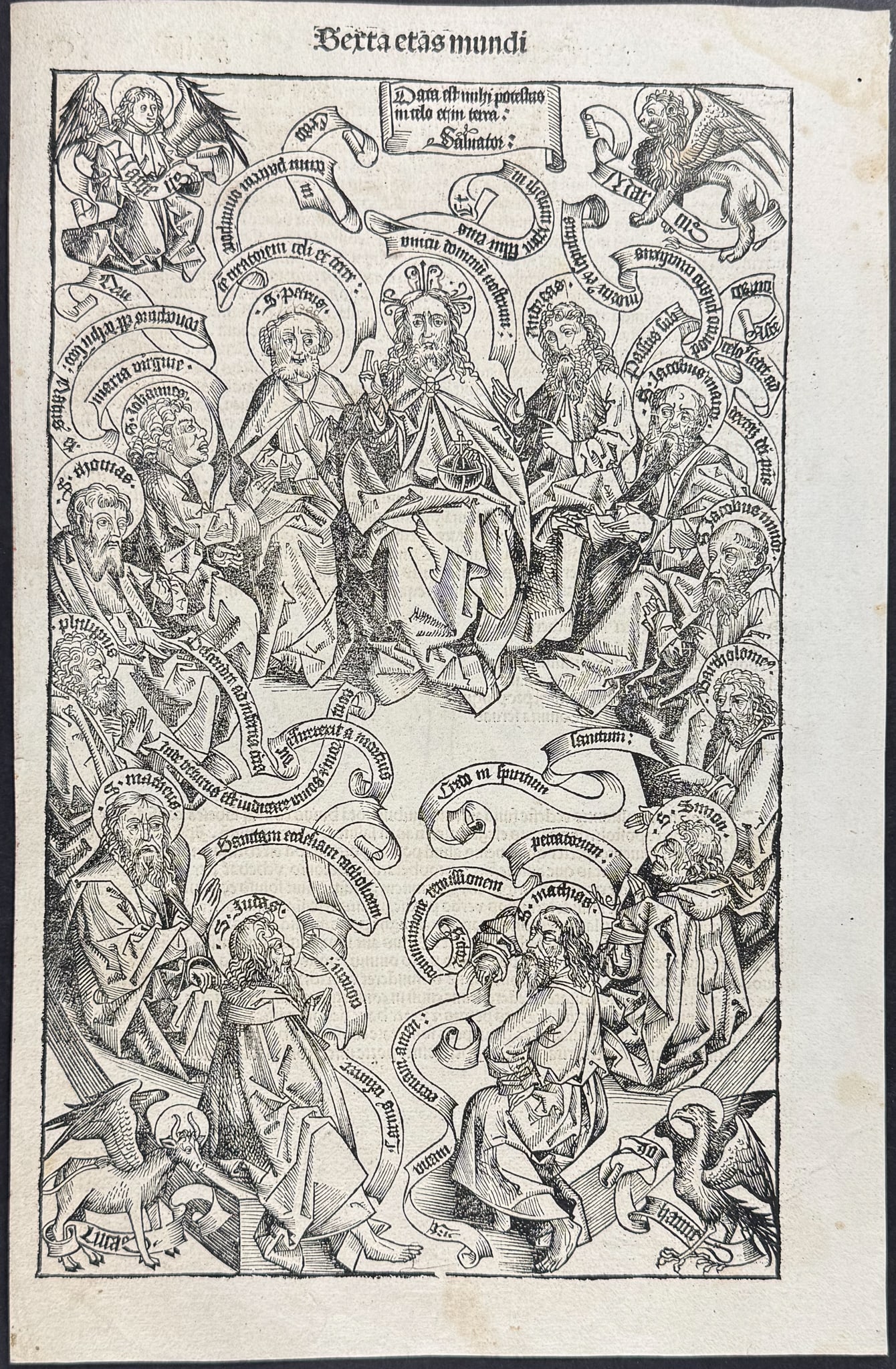 Schedel, pub. 1493 - Christ and the Twelve Apostles: This important and historic engraving is from Hartmann Schedel Liber Chronicarum, more commonly known as the Nuremberg Chronicle. This is the first edition / printing of the work. It is the Latin