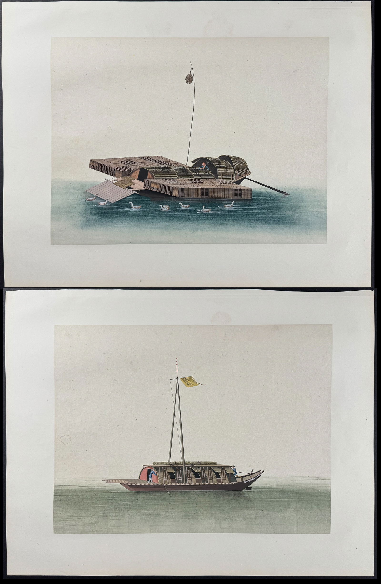 Pair of Original Watercolors of Chinese Boats or Junks: This remarkable, one-of-a-kind watercolor is from a collection entitled Dessins Originaux Chinois.. The watercolor was done in the 1800s in Canton and is mounted to a larger sheet. The watercolors wer
