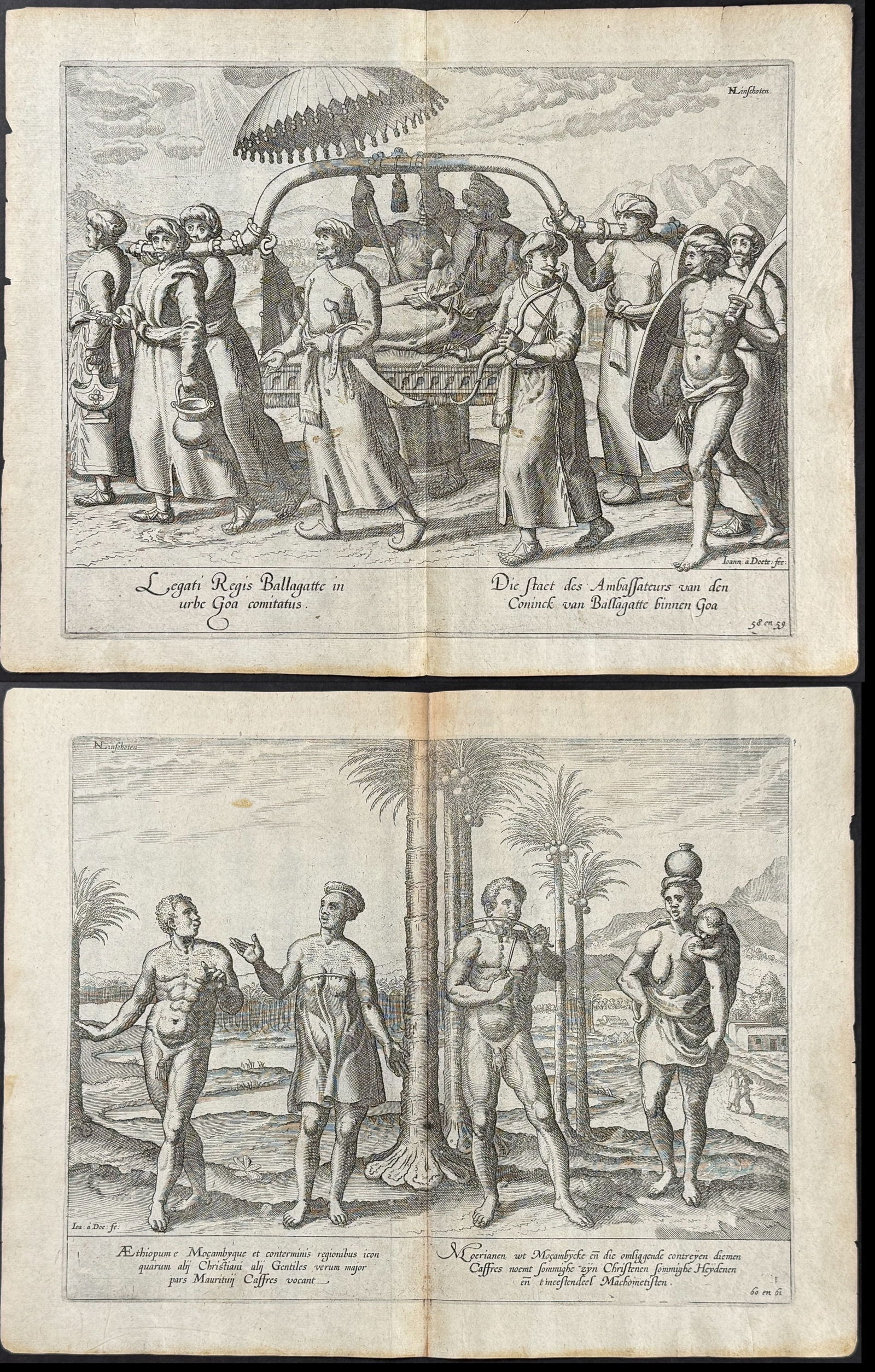 Linschoten - Pair of Engravings of Native People of Goa, India and Ethiopia, Africa: This exceptionally detailed, important engraving is from Jan Huygen van Linschoten's Histoire de la Navigation aux Indes Orientales... Le Grand Routier de Mer... Description de l'Amerique or Navigatio