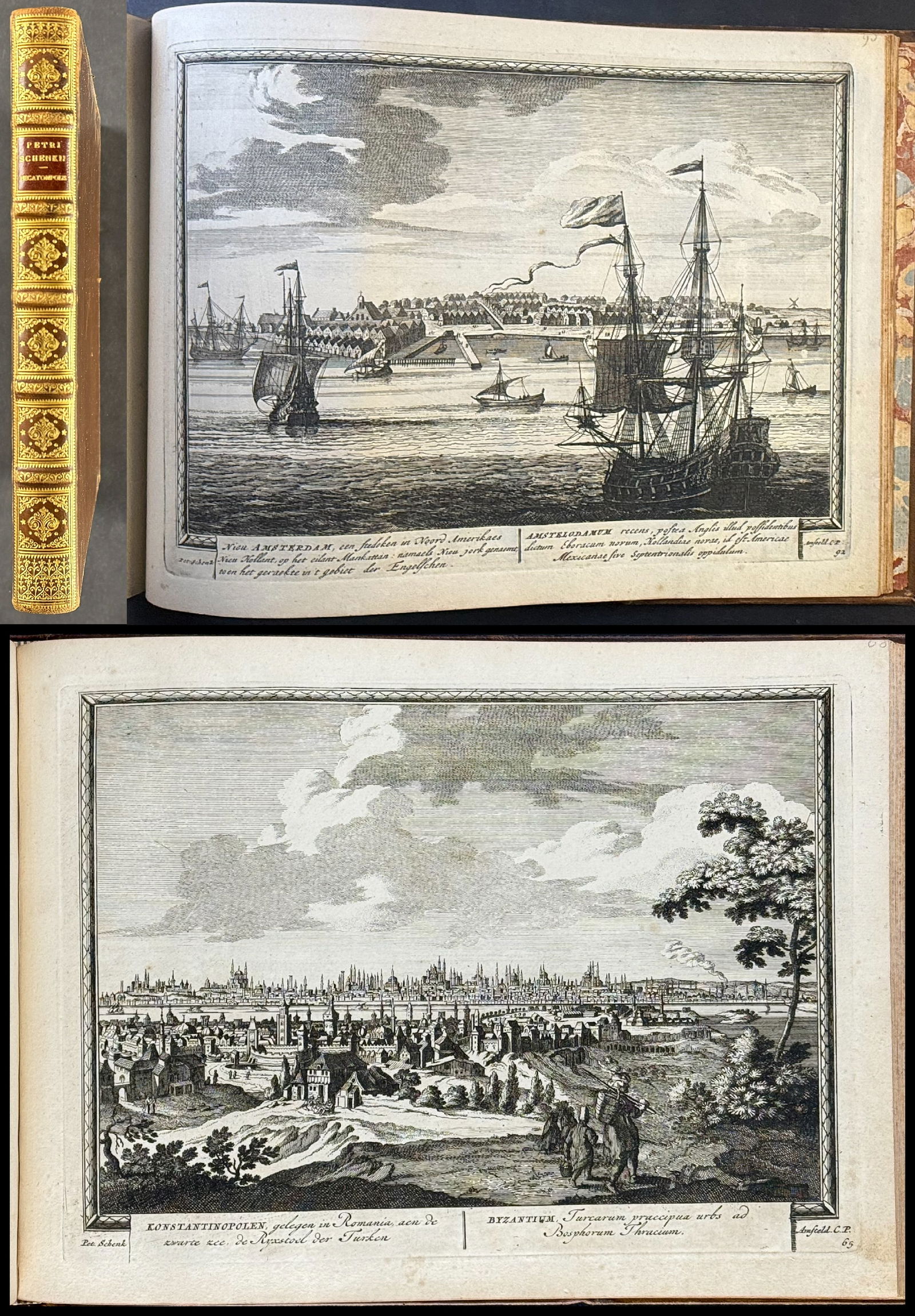 Schenck's Hecatompolis? - Volume with 100 Engraved City Views: This historic volume with 100 engraved city or port views is Pieter Schenk's Hecatompolis, sive Totius orbis Terrarum Oppida Nobiliora Centum; Exquisite Collecta atque Eleganter Depicta. The work was