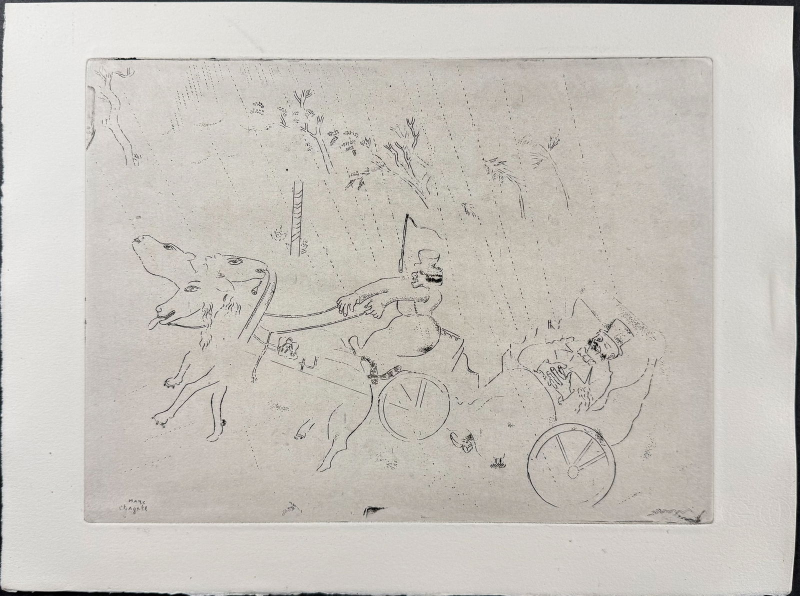 Chagall - On the Road to Sobakevich - En Route Vers Sobakevitch: This beautifully illustrated, original etching by Marc Chagall was part of Nikolai Gogol's Les Ames Mortes. The work was published in Paris by Teriade in 1948. This was a limited edition of 368