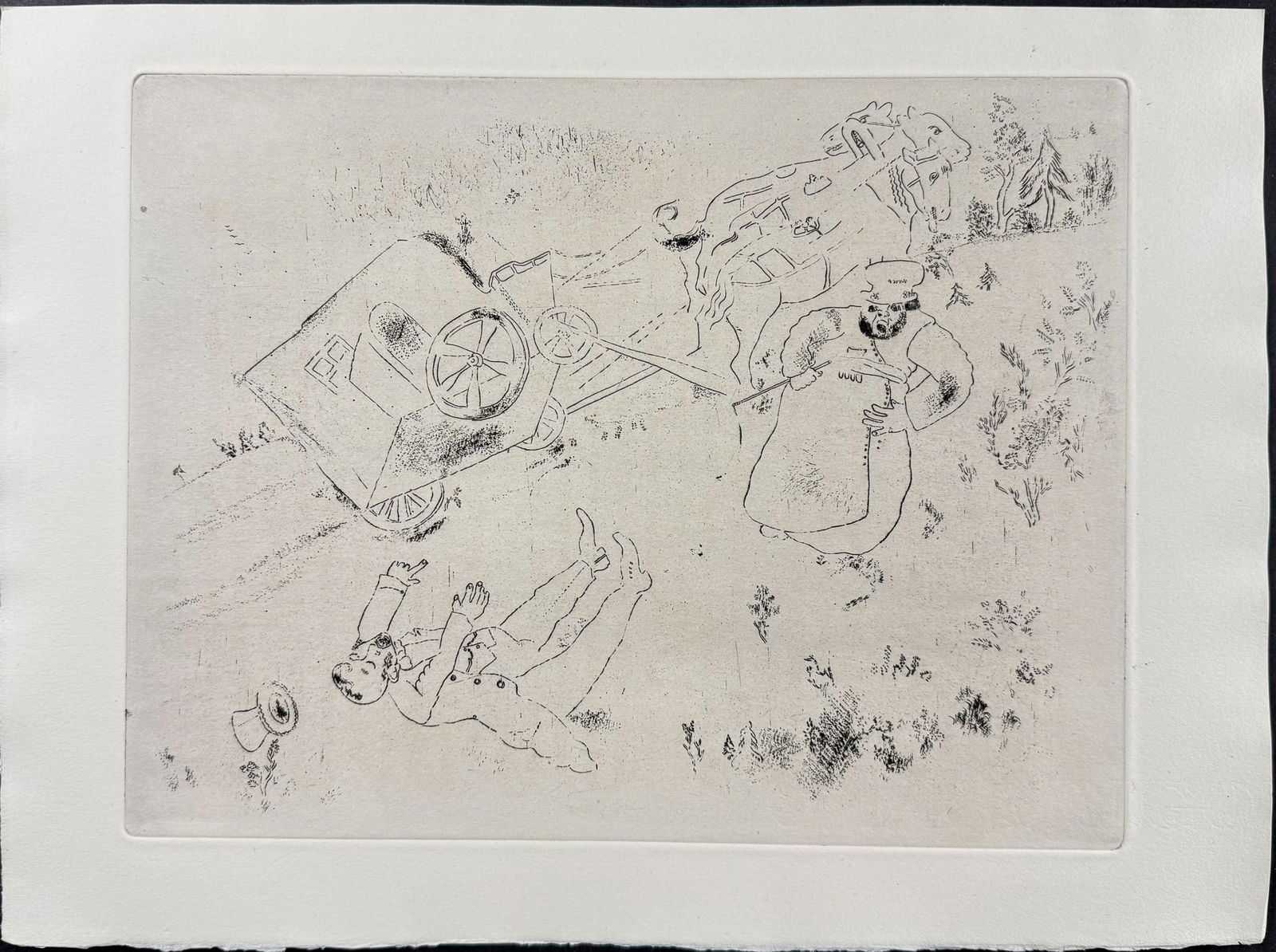 Chagall - The Britchka Tipped Over - La Britchka s'est Renversee: This beautifully illustrated, original etching by Marc Chagall was part of Nikolai Gogol's Les Ames Mortes. The work was published in Paris by Teriade in 1948. This was a limited edition of 368