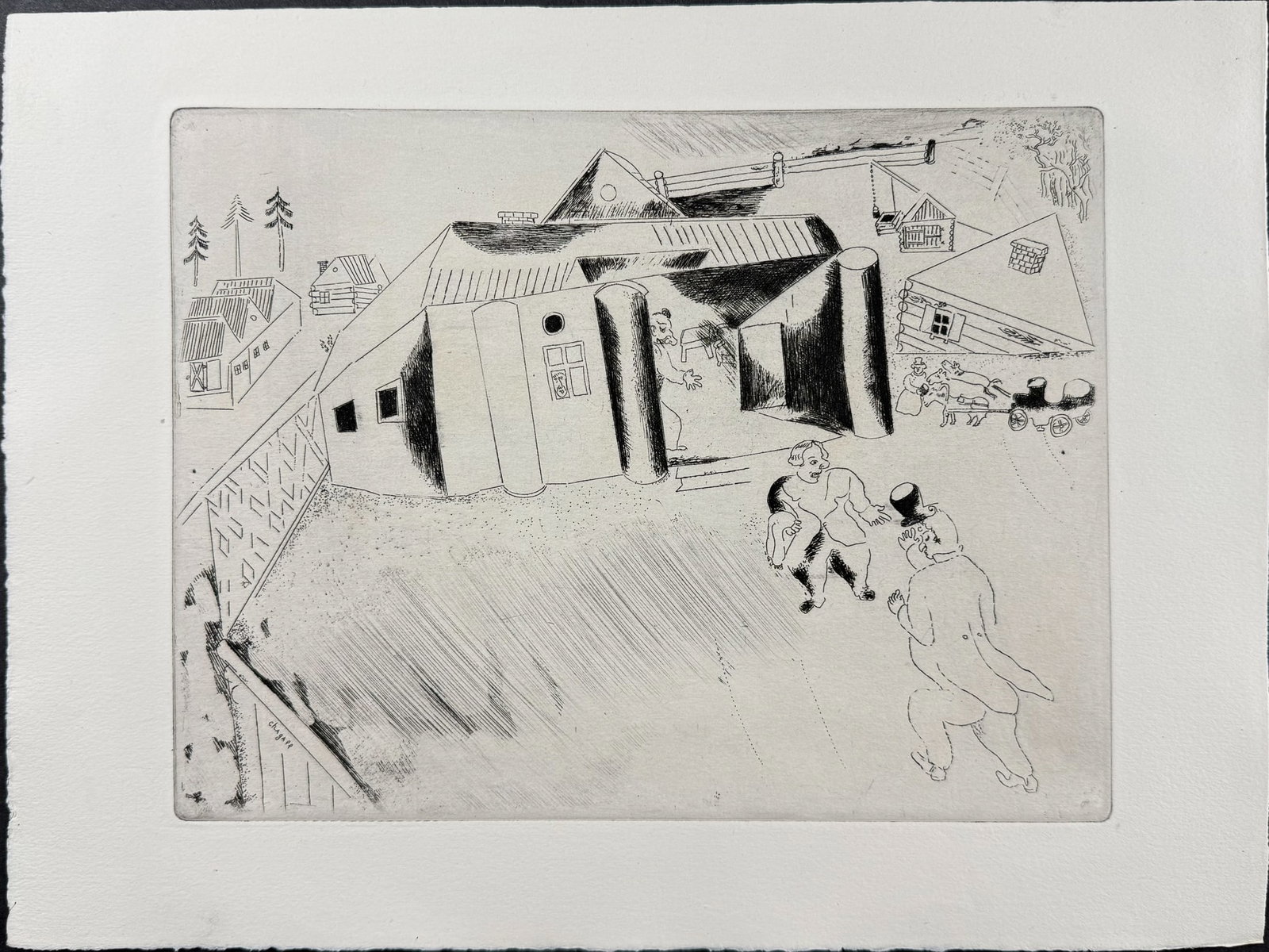 Chagall - Sobakevitch's House - La Maison de Sobakevitch: This beautifully illustrated, original etching by Marc Chagall was part of Nikolai Gogol's Les Ames Mortes. The work was published in Paris by Teriade in 1948. This was a limited edition of 368