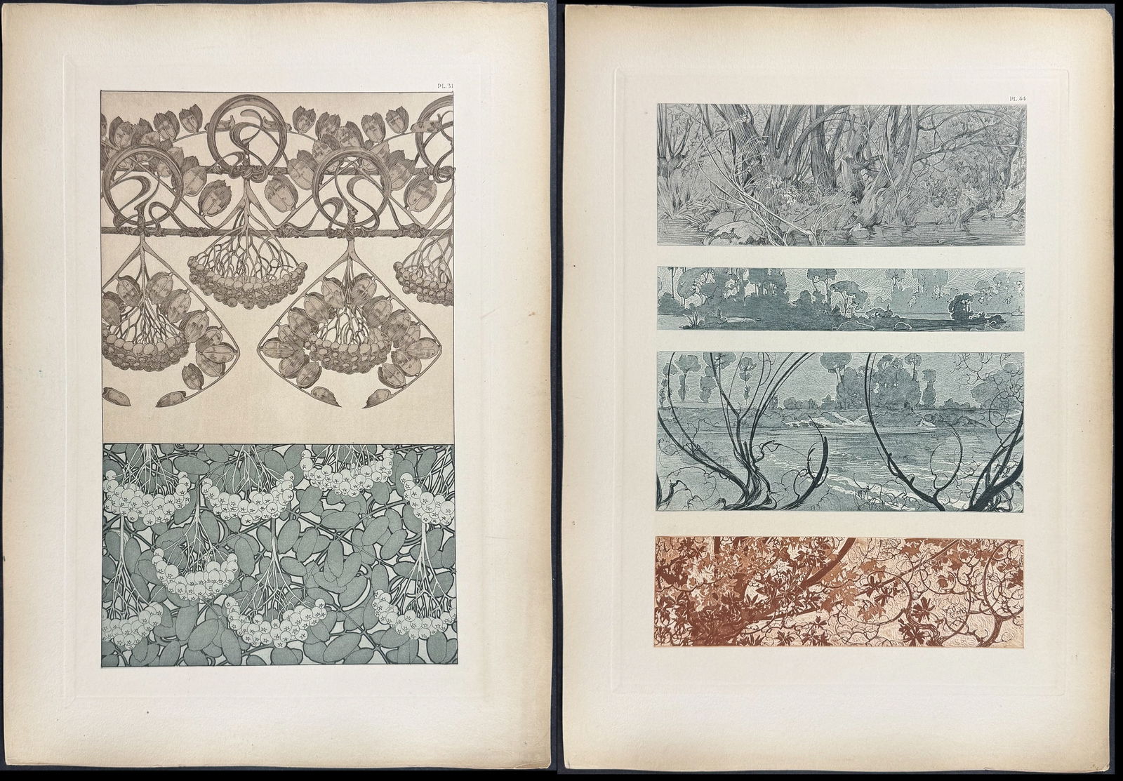 Mucha, Folio - 5 Design or Motif Lithographs: This stunning and rare lithograph is from Alphonse Mucha's Documents d?coratifs which was edited by Gabriel Mourey. The work was published in Paris by Librairie centrale des Beaux-Arts in 1902. The wo